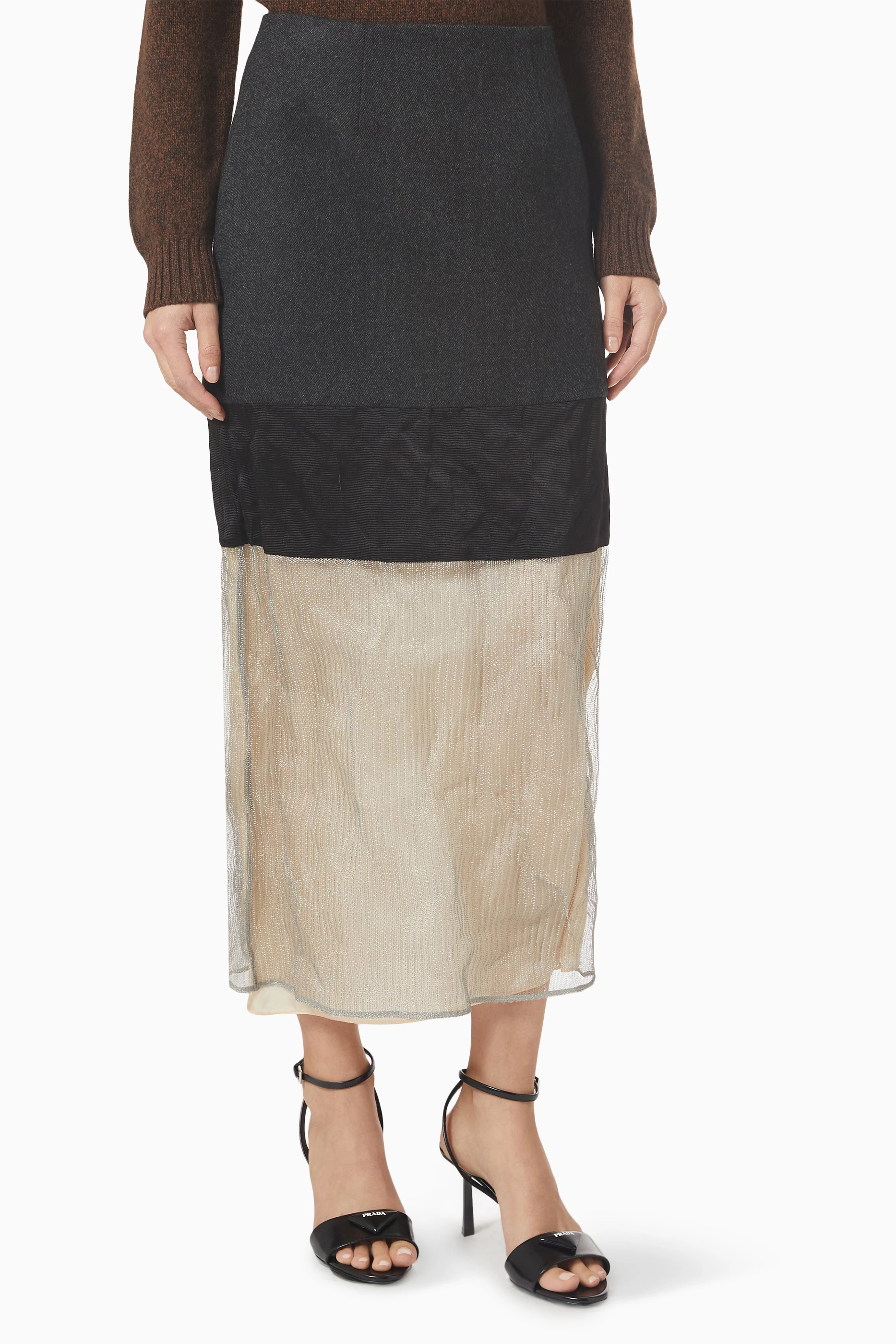 Buy Prada Grey Gonna Midi Skirt in Ribbed Wool & Metallic