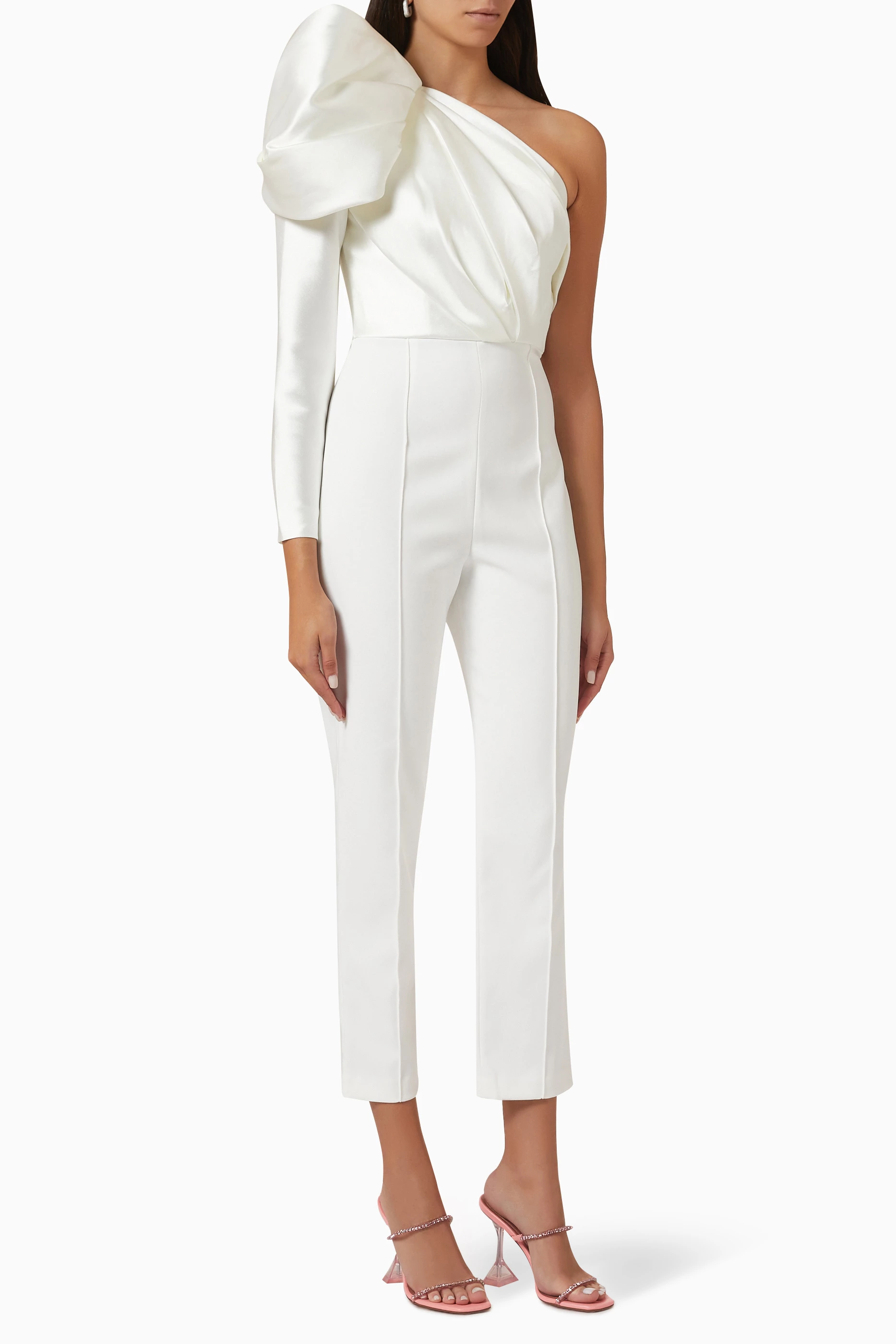 Buy Solace London White Nova One shoulder Jumpsuit in Satin for Women Online Ounass Kuwait