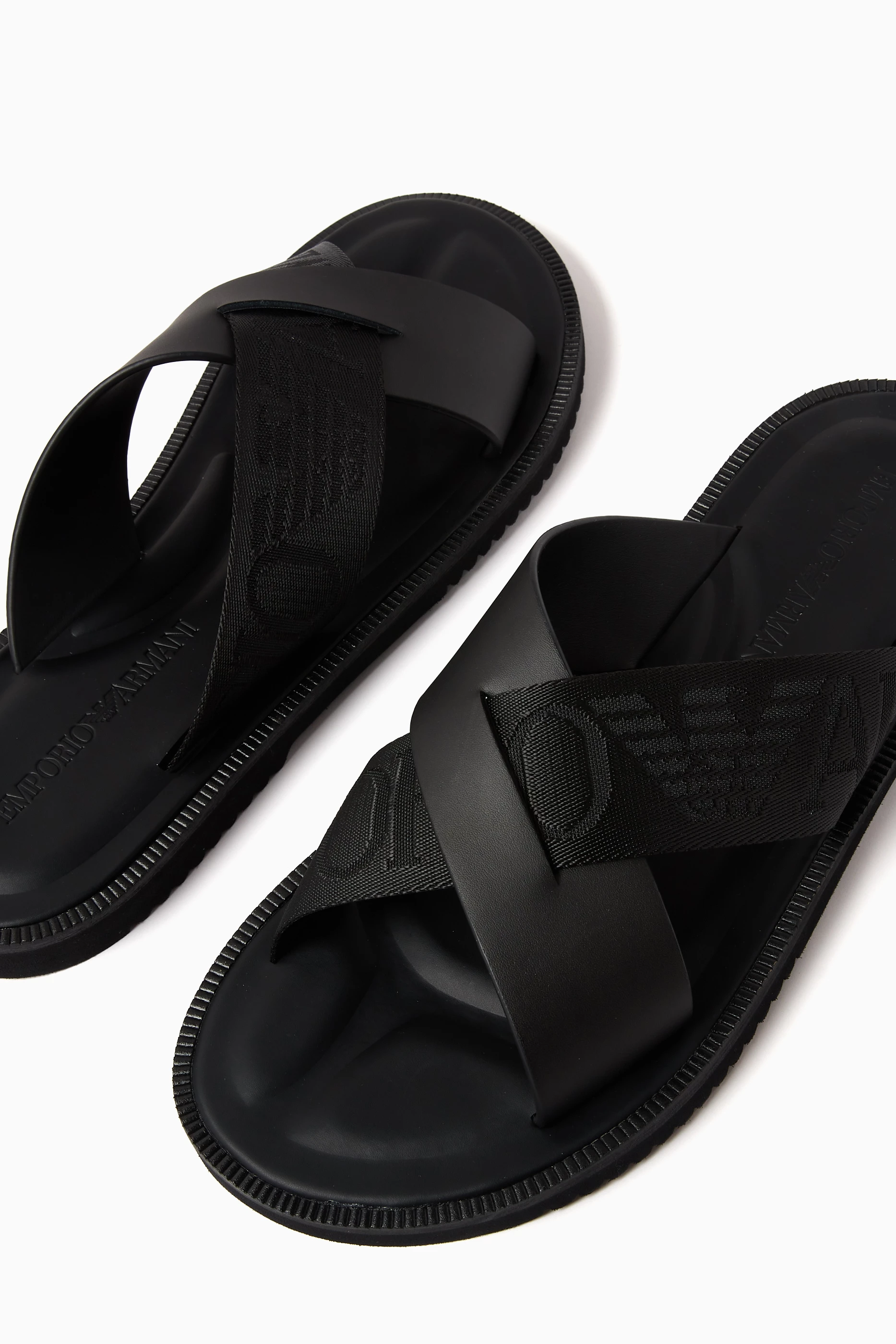 Buy Emporio Armani Black EA Kriss Kross Sandals in Leather for Men Online Ounass Kuwait