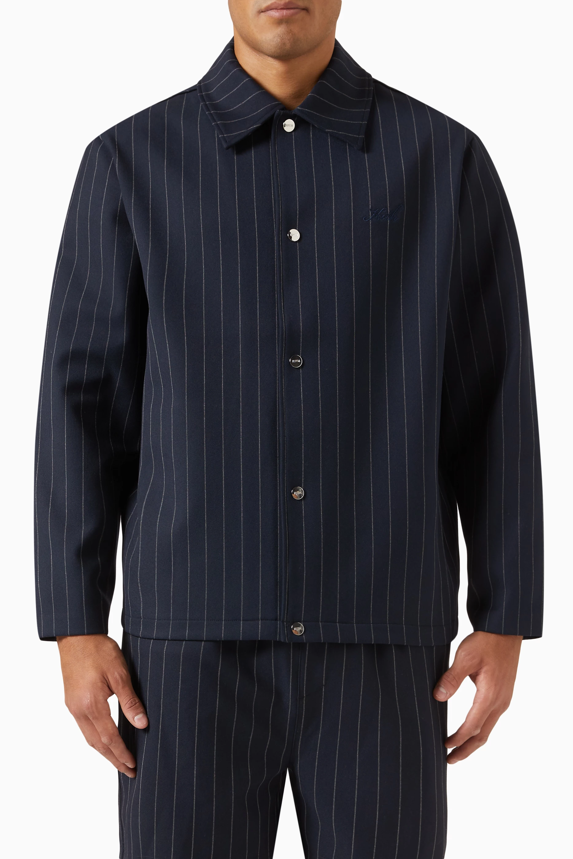 Buy Kith Blue Pinstripe Coaches Jacket in Double Knit for Men