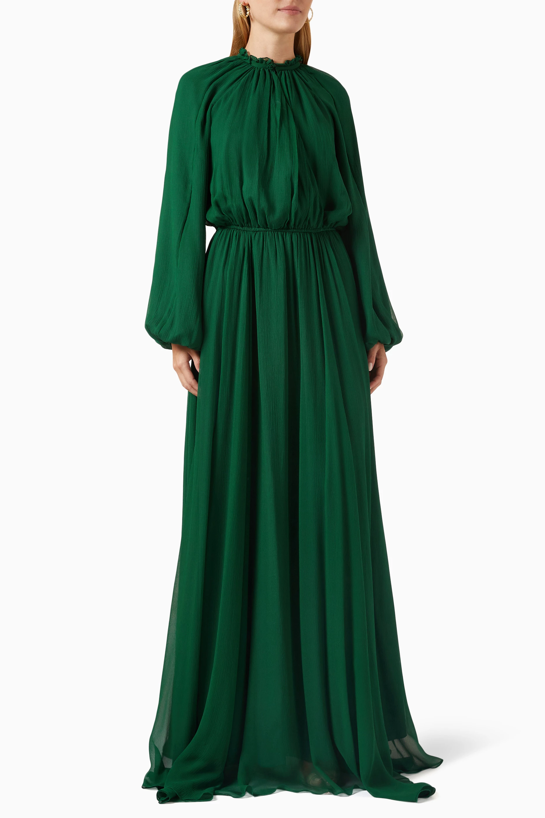 Buy SemSem Green Gathered Maxi Dress in Silk chiffon for Women Online Ounass Kuwait