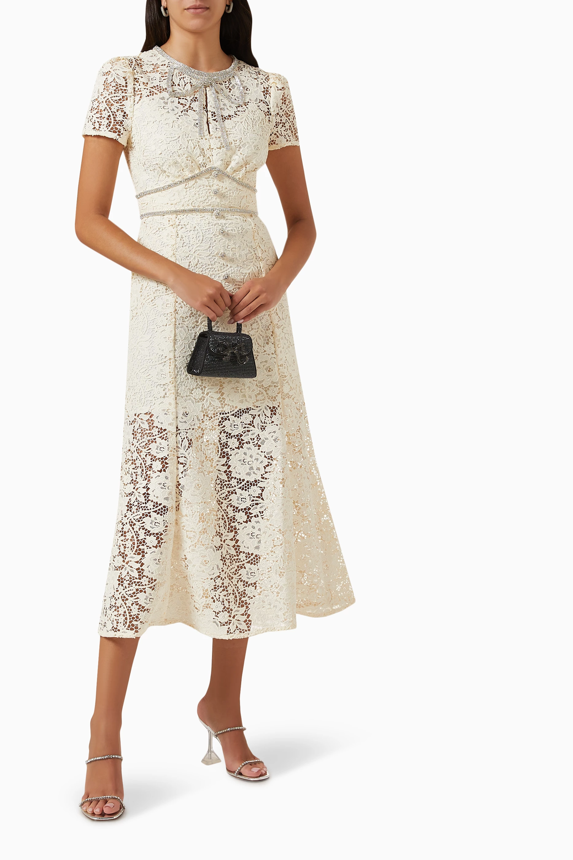 Buy Self-Portrait Neutral Cord Lace Bow Midi Dress for Women