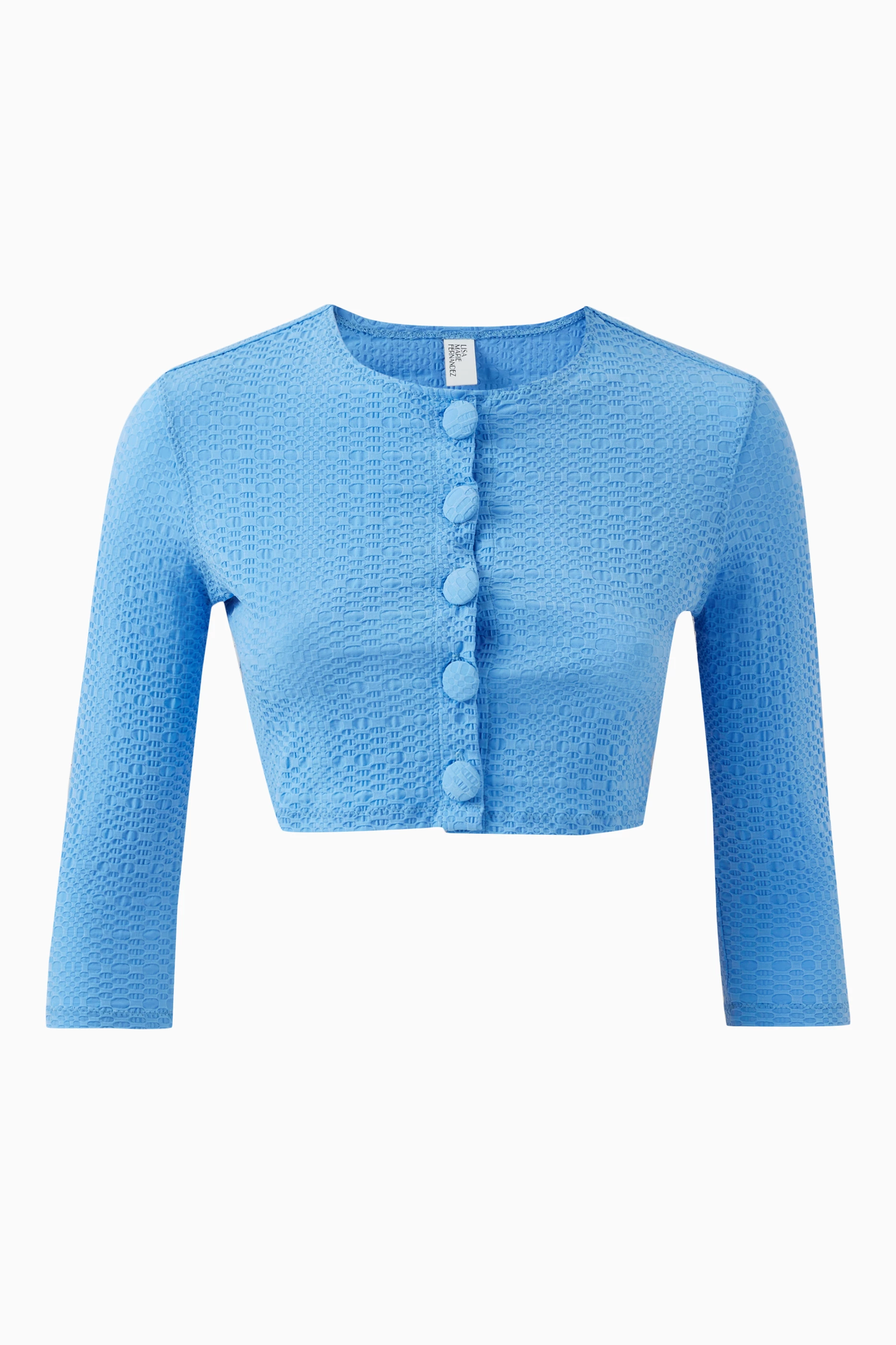 Buy Lisa Marie Fernandez Blue Crop Cardigan in Seersucker for 