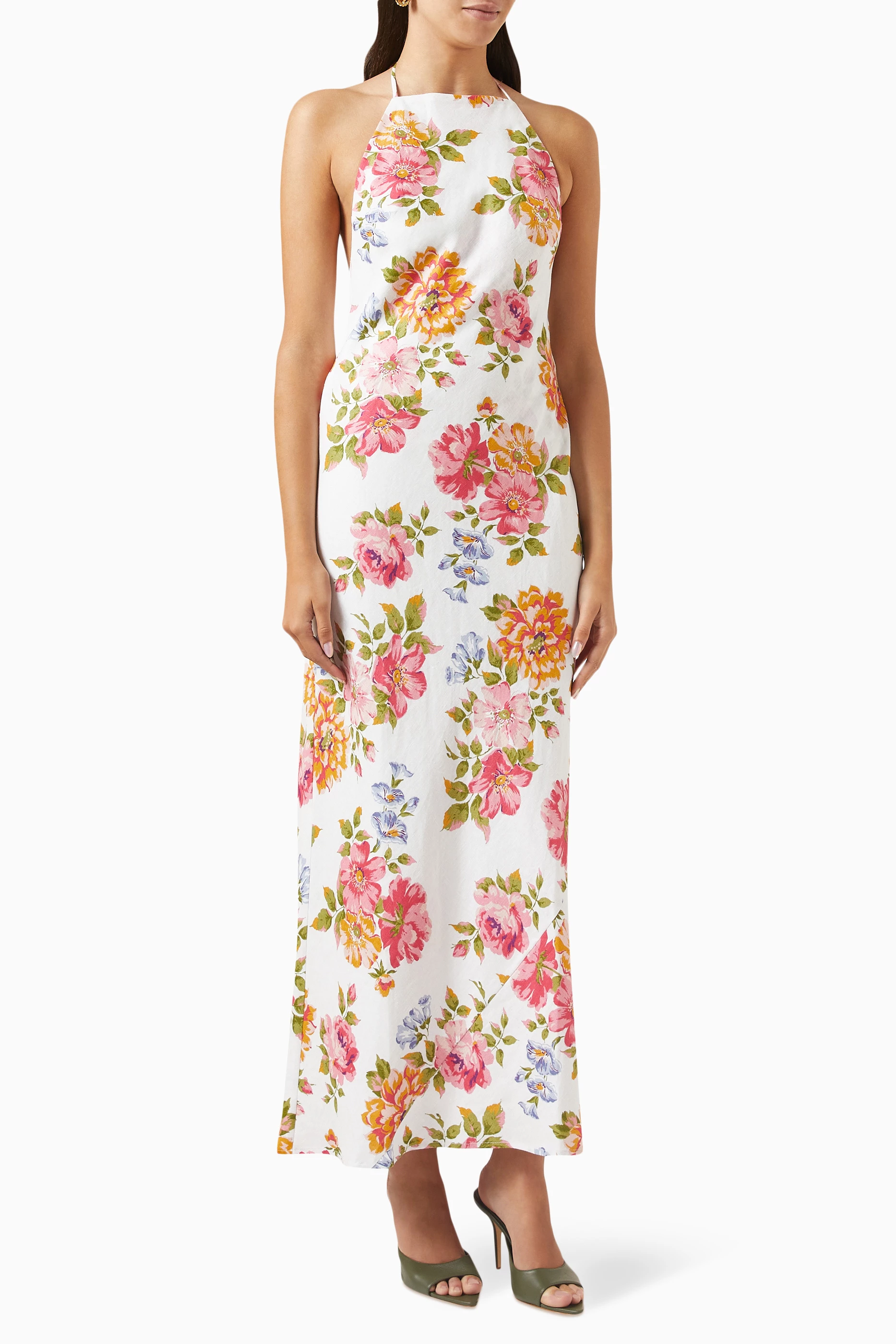 knee length dresses for ladies REFORMATION Selia Halterneck Strappy Open Back Linen Maxi Dress  House Of  Huntington
