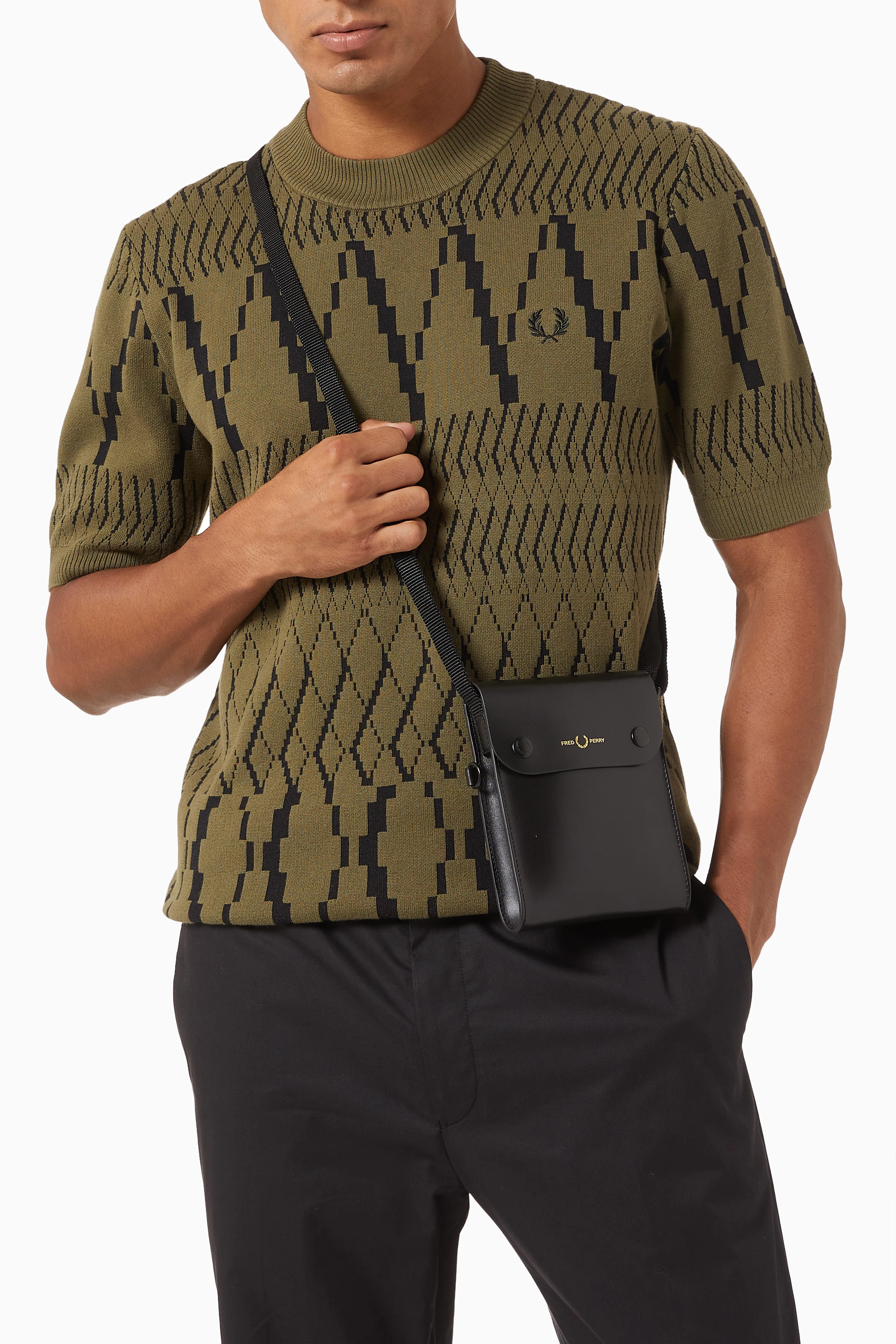 Buy Fred Perry Black Crossbody Pouch in Burnished Leather