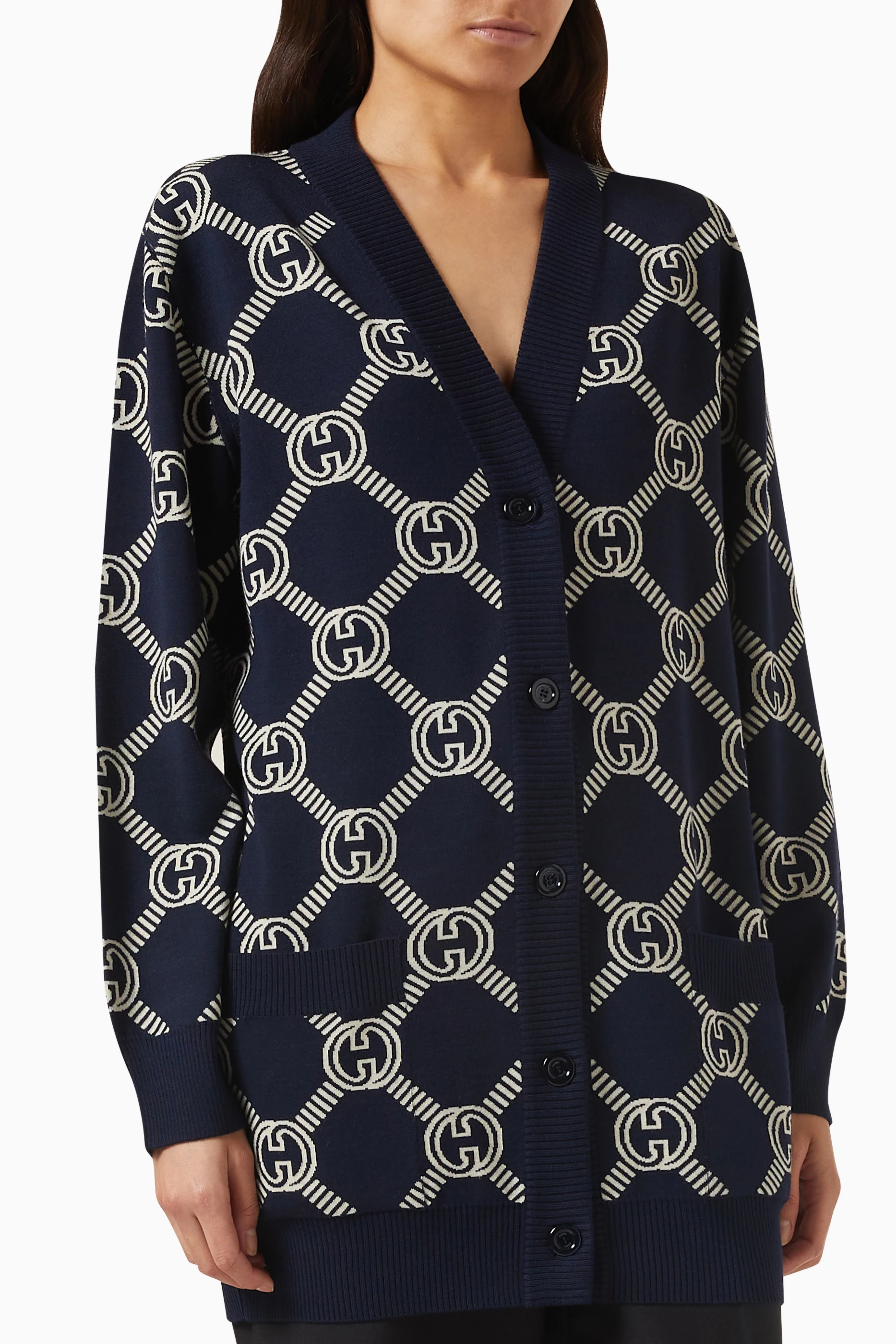 Buy Gucci Blue Reversible GG Logo Cardigan in Wool for Women
