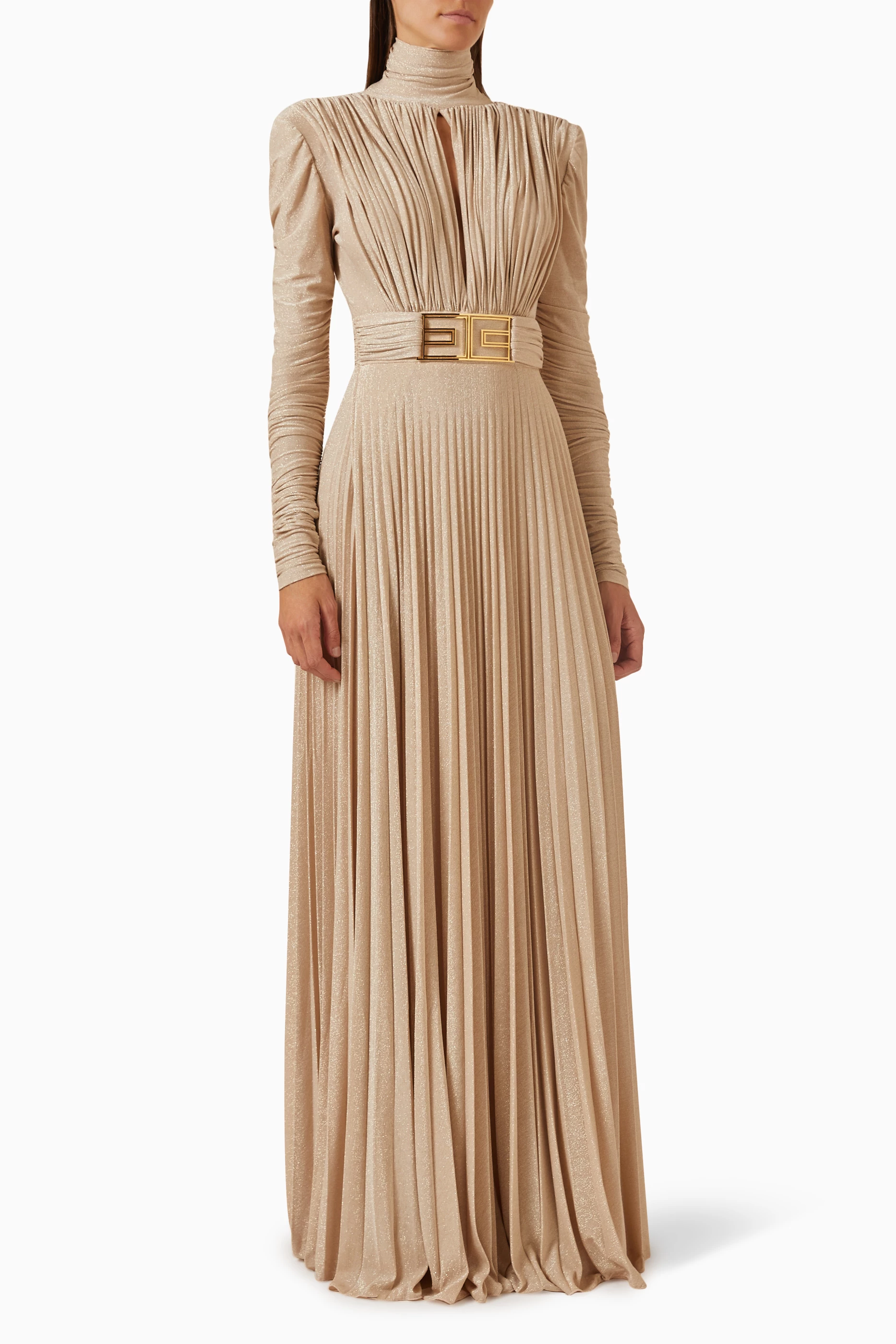 Buy Elisabetta Franchi Gold Pleated High-neck Maxi Dress in
