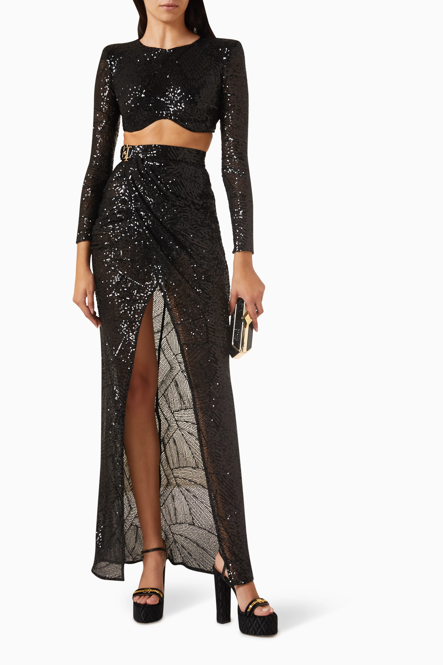 ワンピース ELISABETTA FRANCHI Women Long Skirts AM49S51E2685 Black Elisabetta Franchi Long Fitted Skirt With Open-knit Design