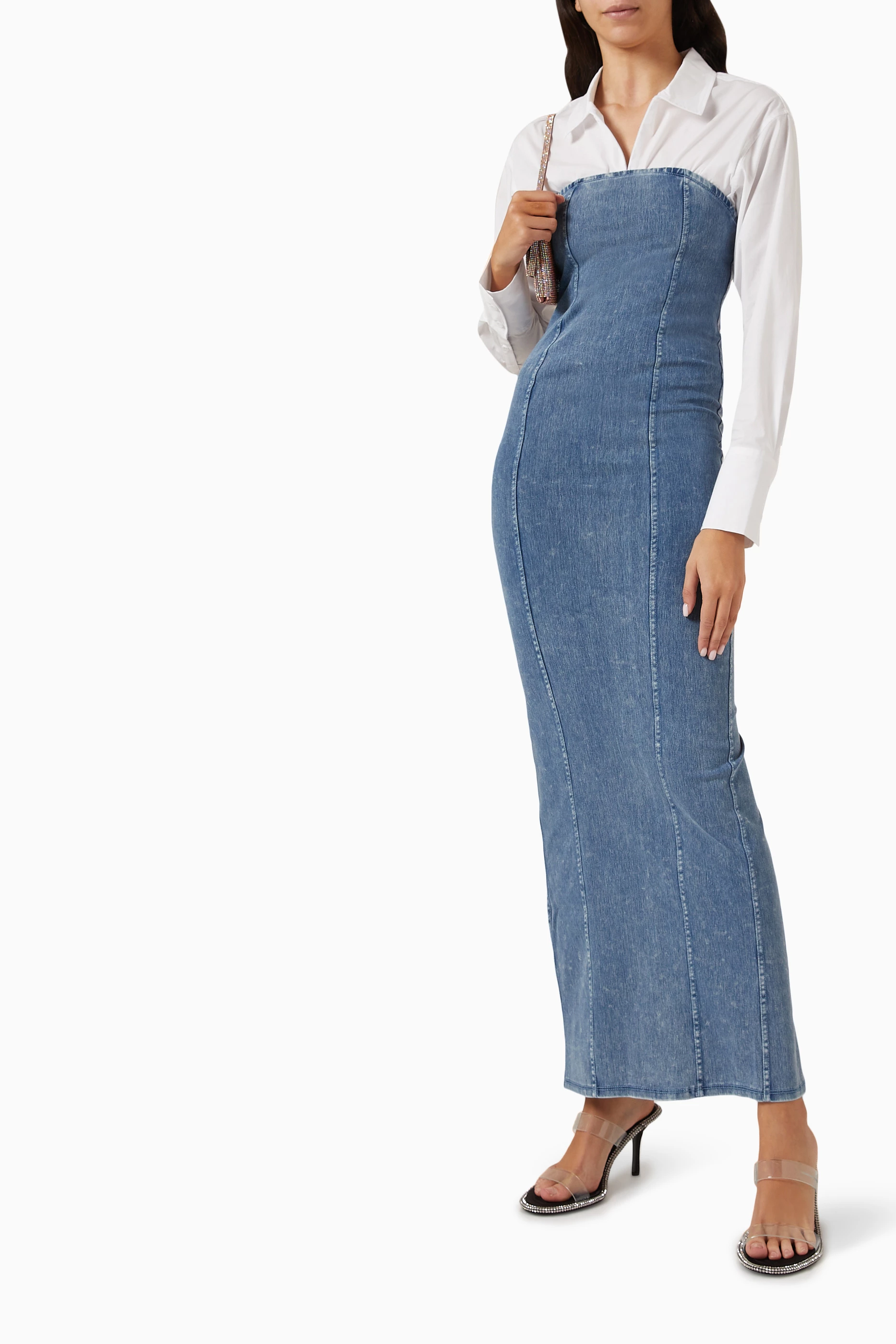 chinese dress ladies Good American Women's Denim Tube Midi Dress, Indigo594, Blue, L at Amazon  Women's Clothing store