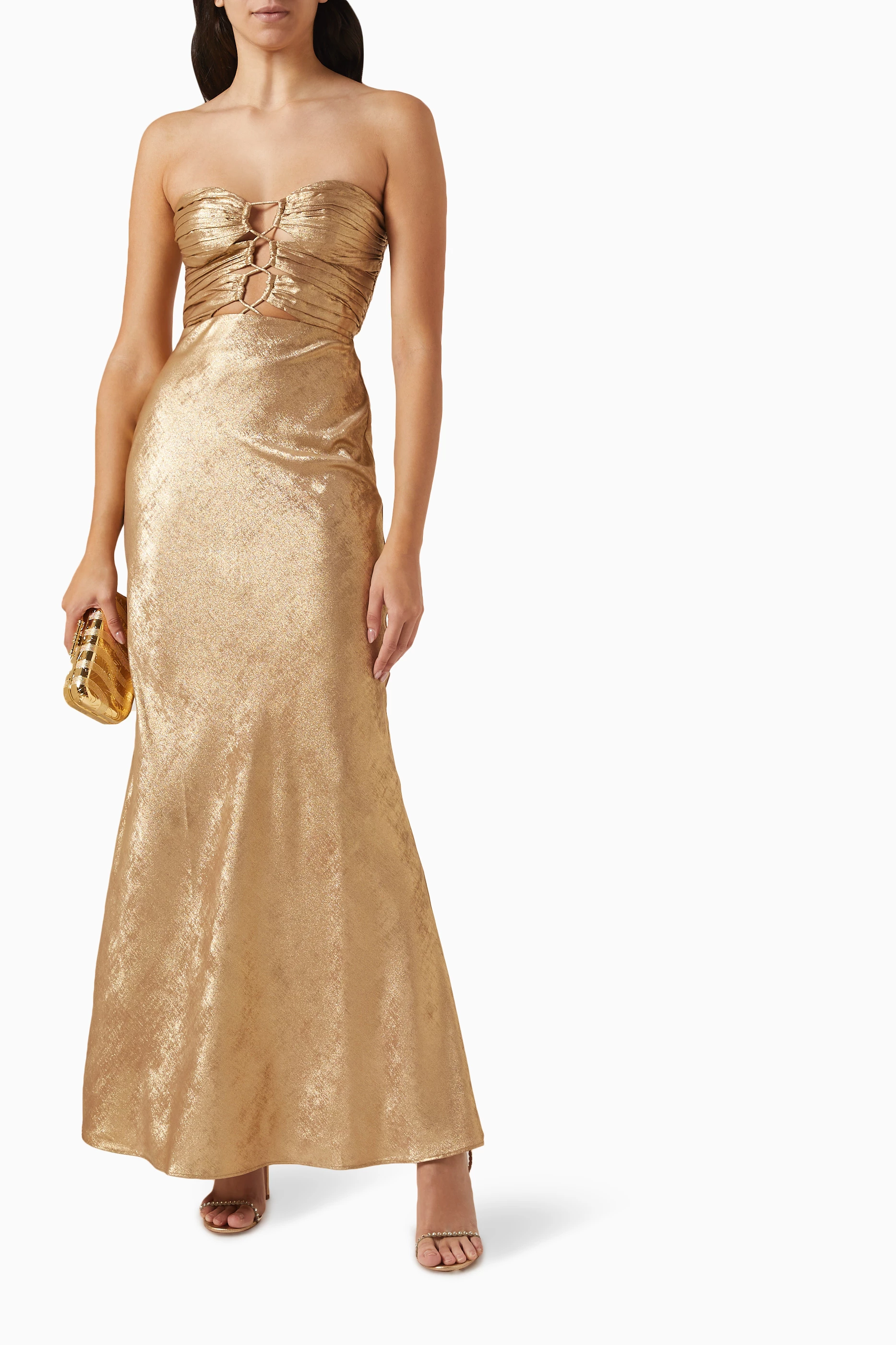 Buy Shona Joy Gold Royale Strapless Lace-up Maxi Dress in Metallic Satin  for Women Online | Ounass Kuwait