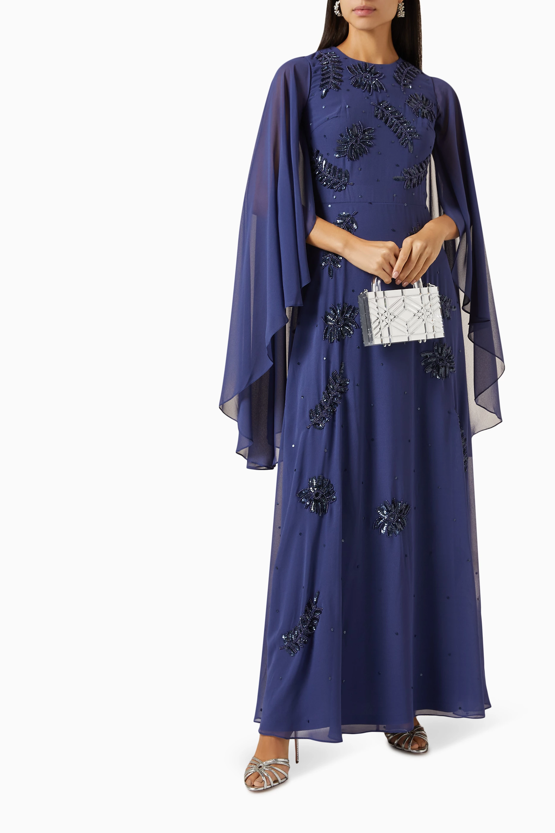 Buy Frock Frill Blue Embellished Cape sleeve Maxi Dress for Women Online Ounass Kuwait