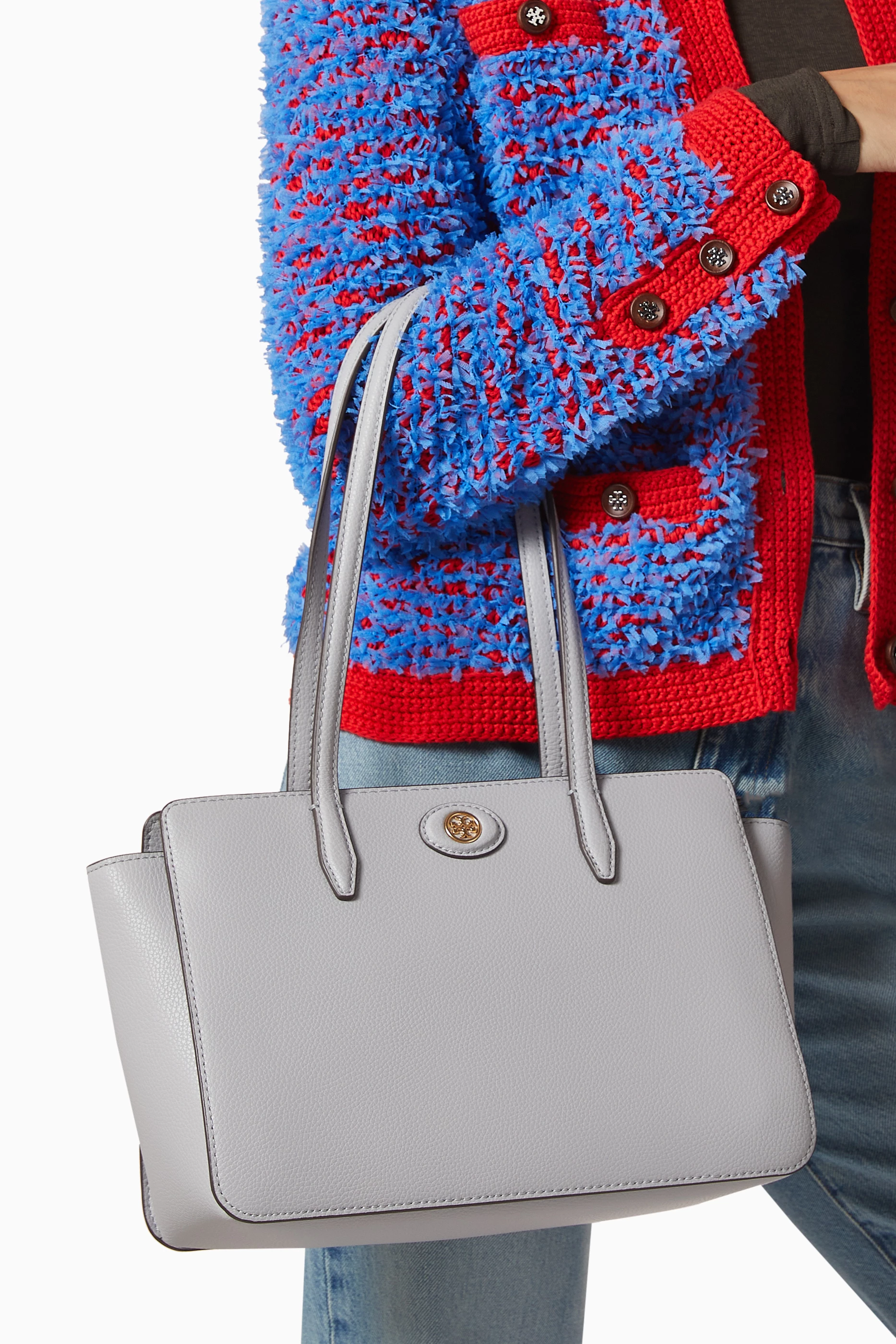 Buy Tory Burch Grey Small Robinson Tote Bag in Pebbled