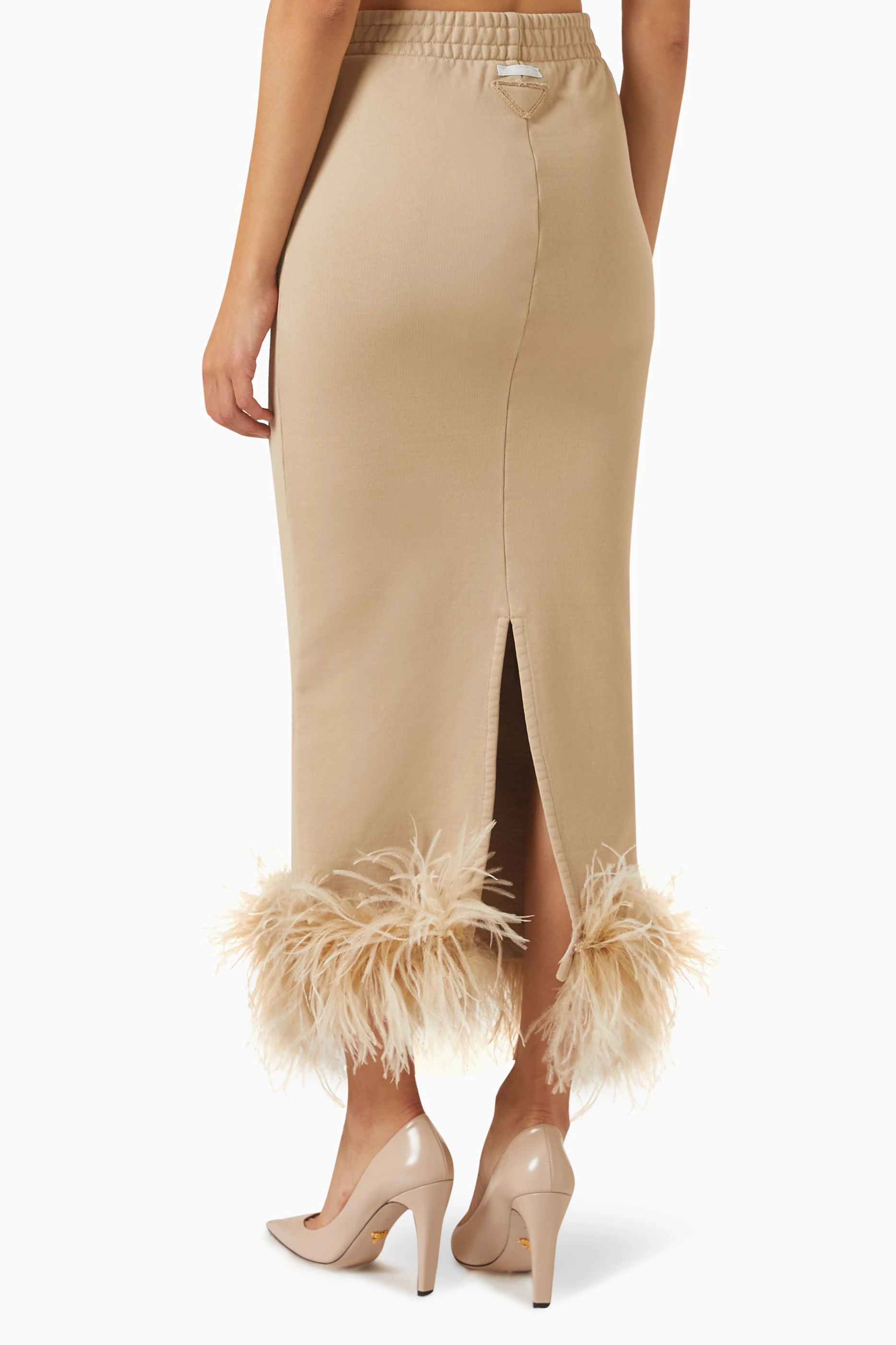 スカート PRADA Feather midi skirt Beige 131102SOOO13YG Buy Prada Neutral Feather-trimmed Midi Skirt in Cotton