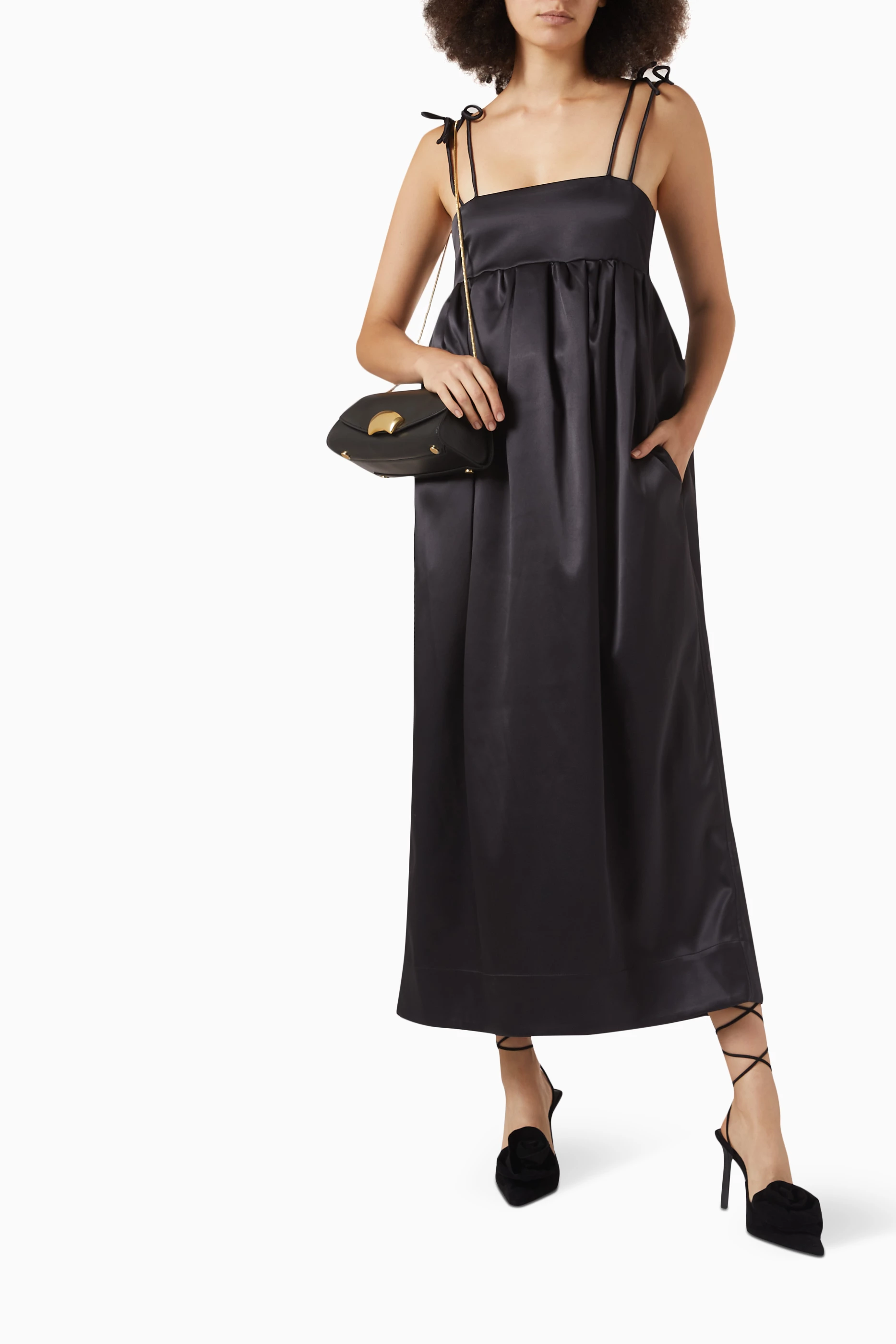 Buy Ganni Black String Maxi Dress in Double-satin for Women