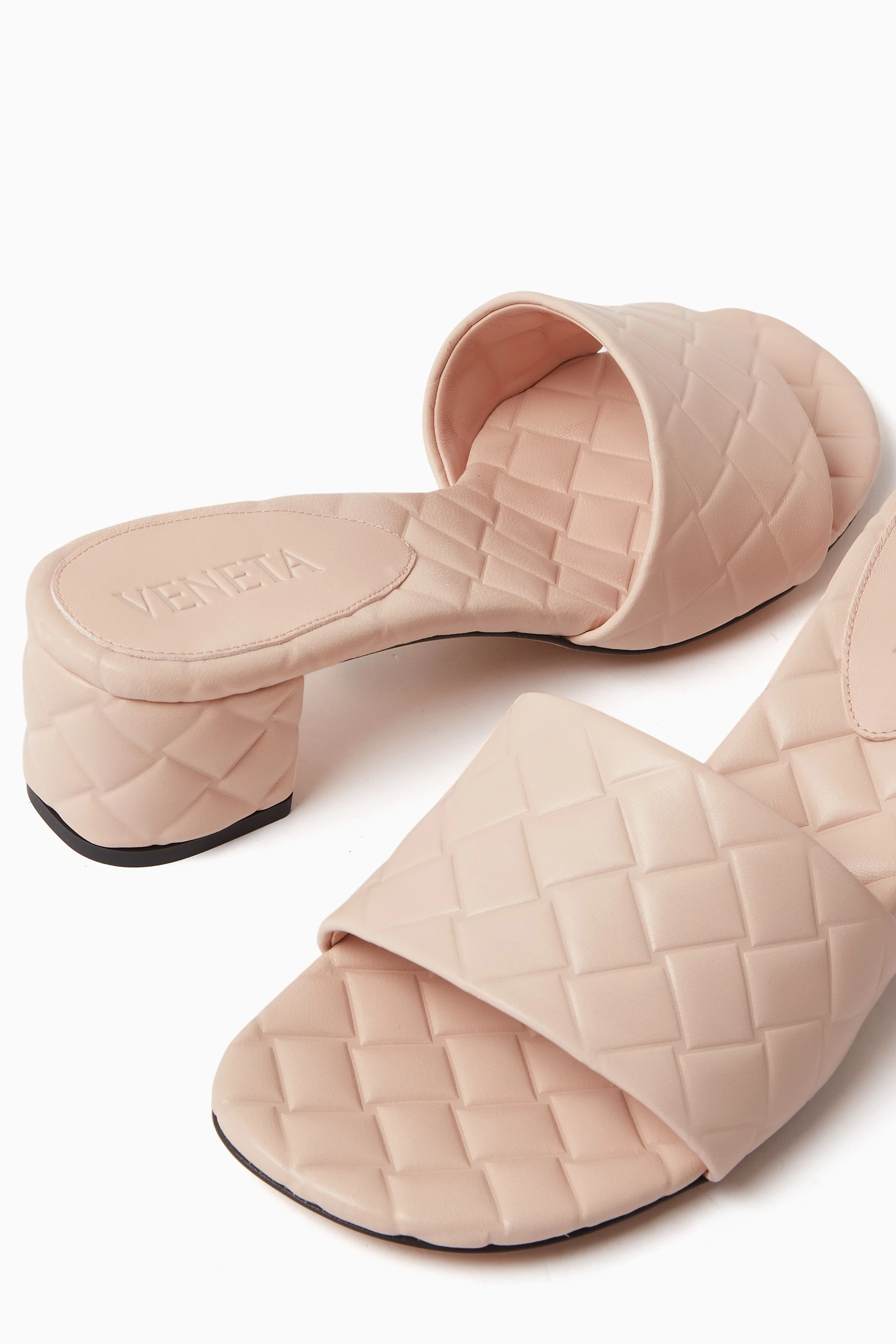 Buy Bottega Veneta Pink Amy 45 Mule Sandals in Intreccio