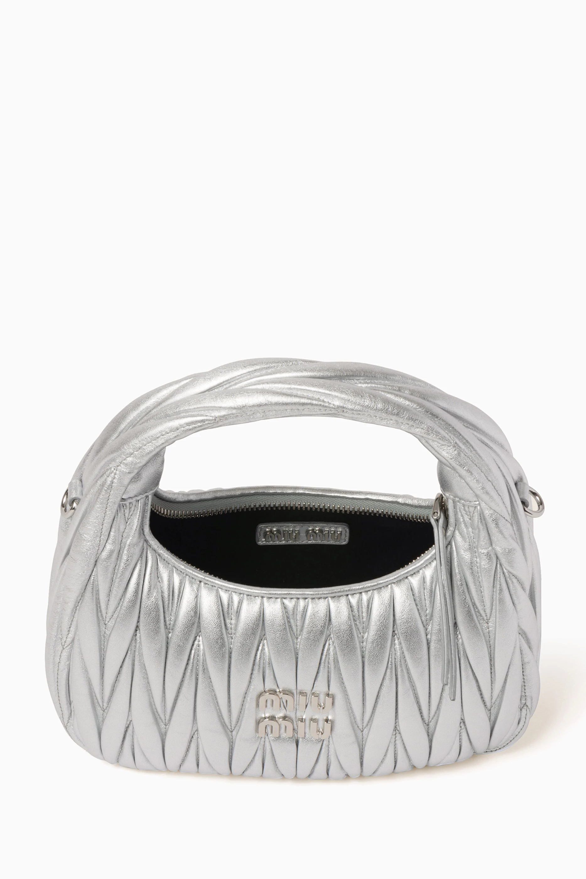 Buy Miu Miu Silver Mini Wander Hobo Bag in Metallic Matelassé