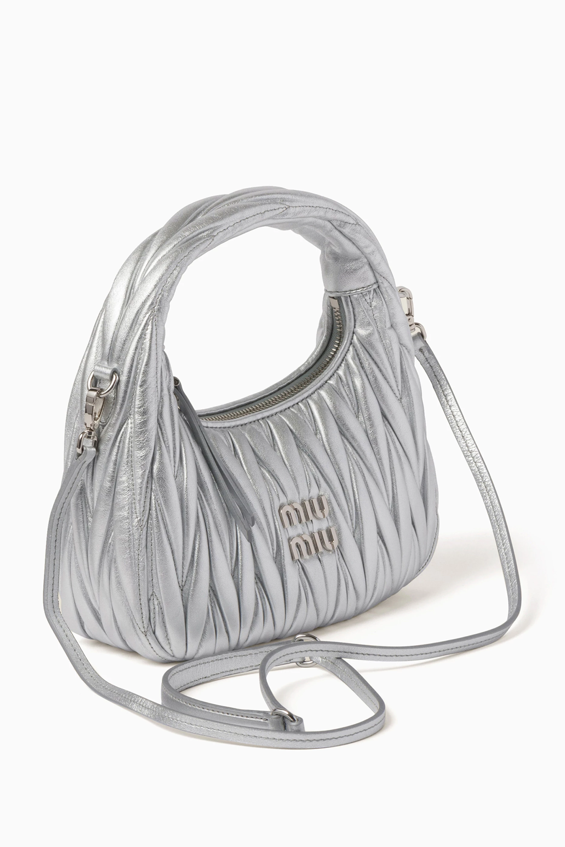 Buy Miu Miu Silver Mini Wander Hobo Bag in Metallic Matelassé