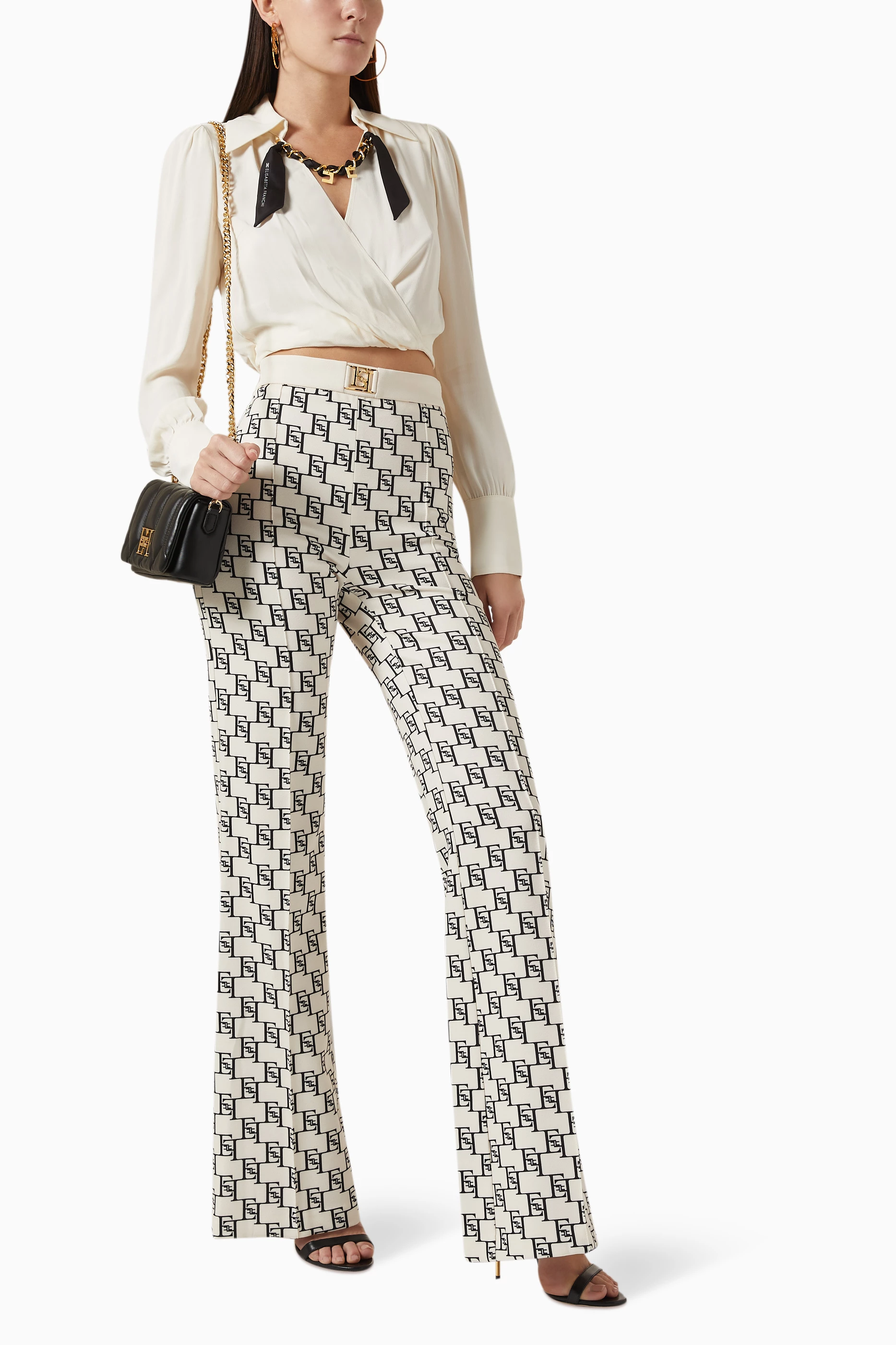 【25-26AW】ELISABETTA FRANCHI ロゴ コットンギャバジンパンツ Buy Elisabetta Franchi Neutral Logo-print Palazzo Pants in