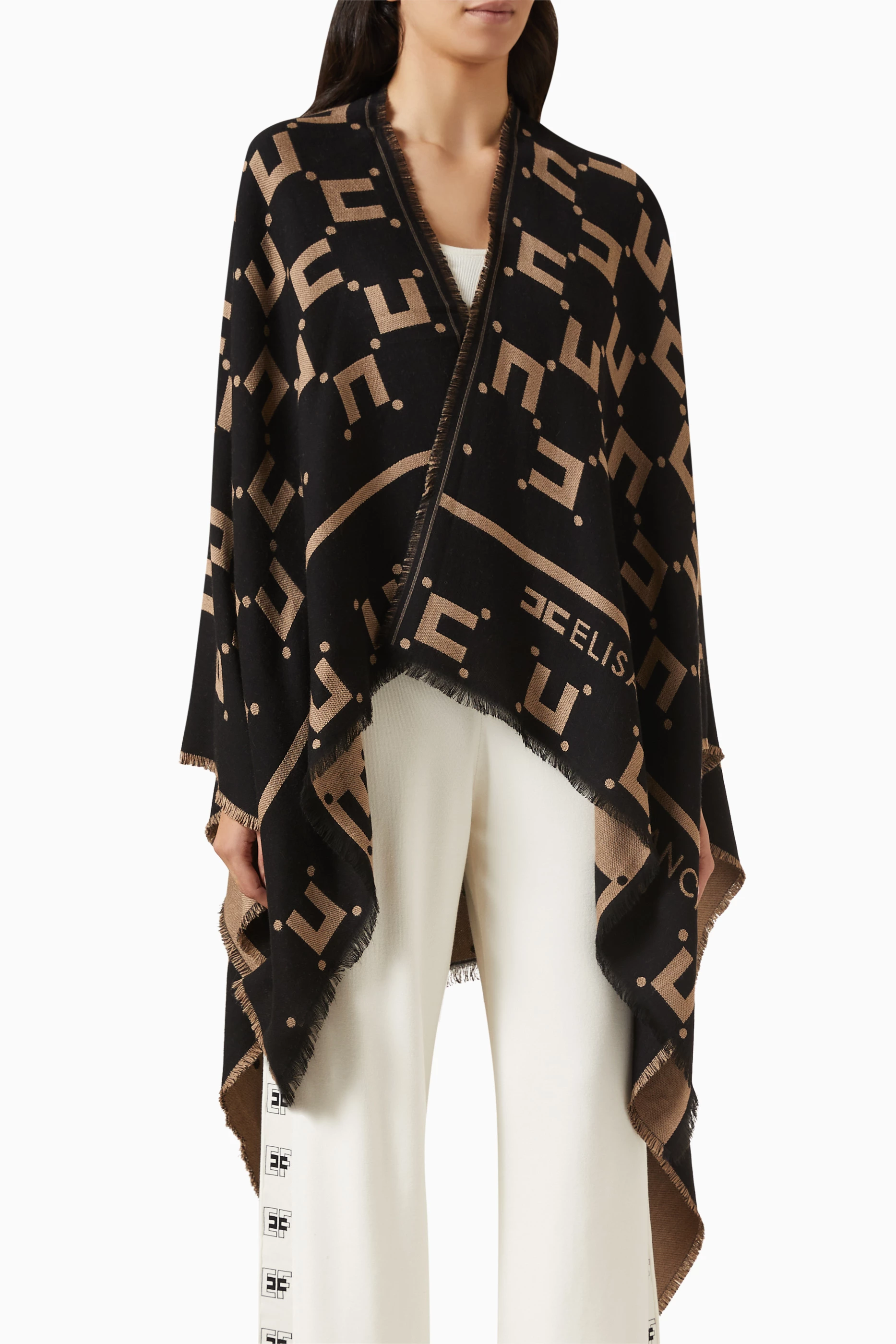 Buy Elisabetta Franchi Black Logo Cape in Jacquard Viscose