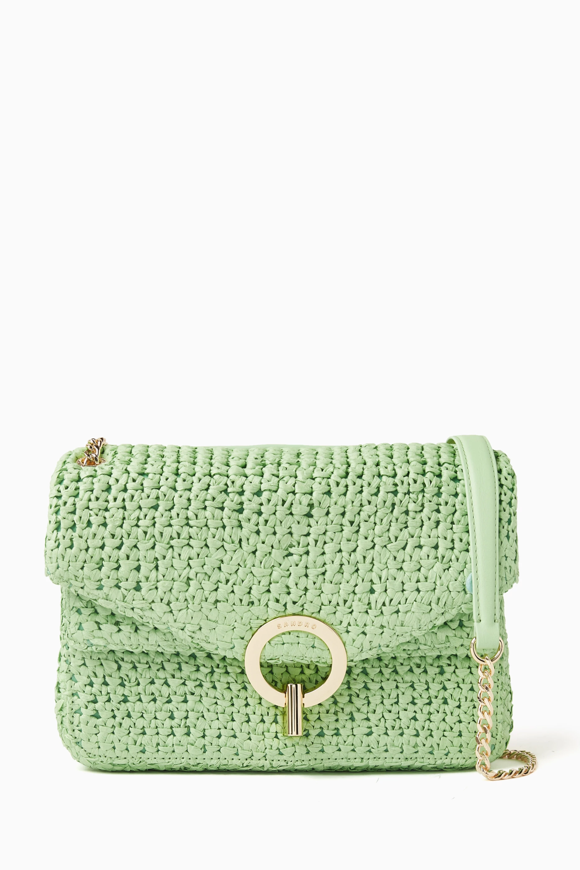 【SANDRO】Yza ブレードラフィア チェーンバッグ ライムグリーン Buy SANDRO Green YZA Shoulder Bag in Raffia for Women Online