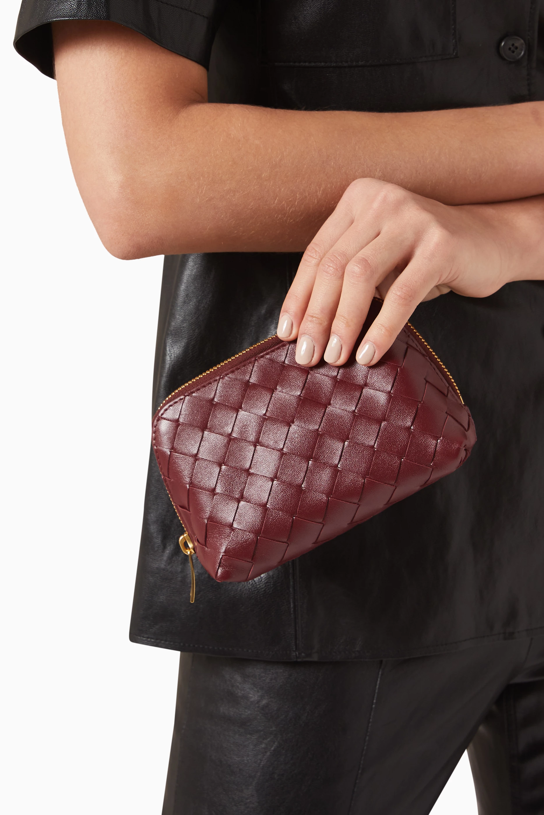 Buy Bottega Veneta Red Small Half Moon Beauty Pouch in Intrecciato