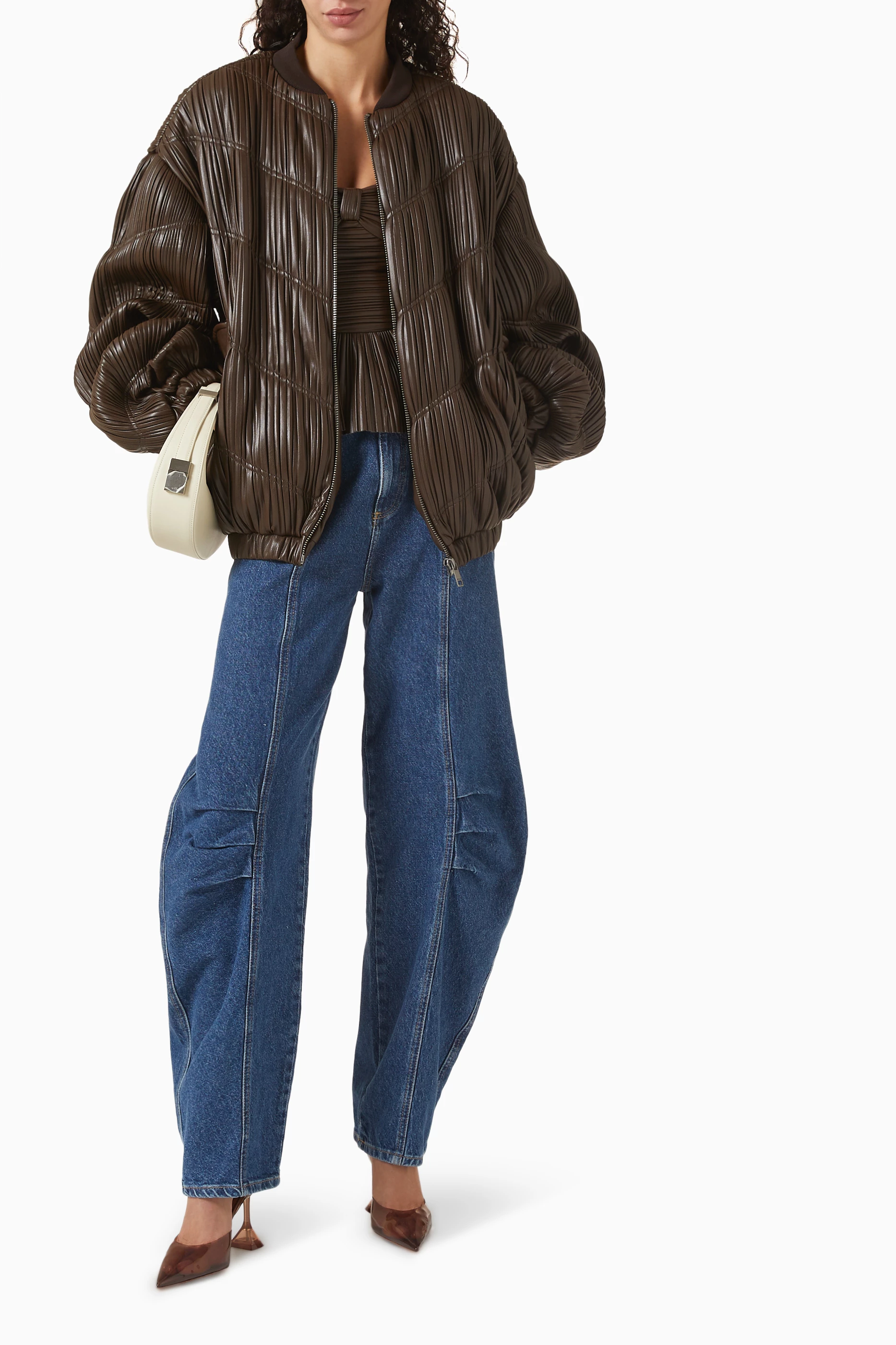 Buy Rotate Birger Christensen Brown Pleated Bomber Jacket in