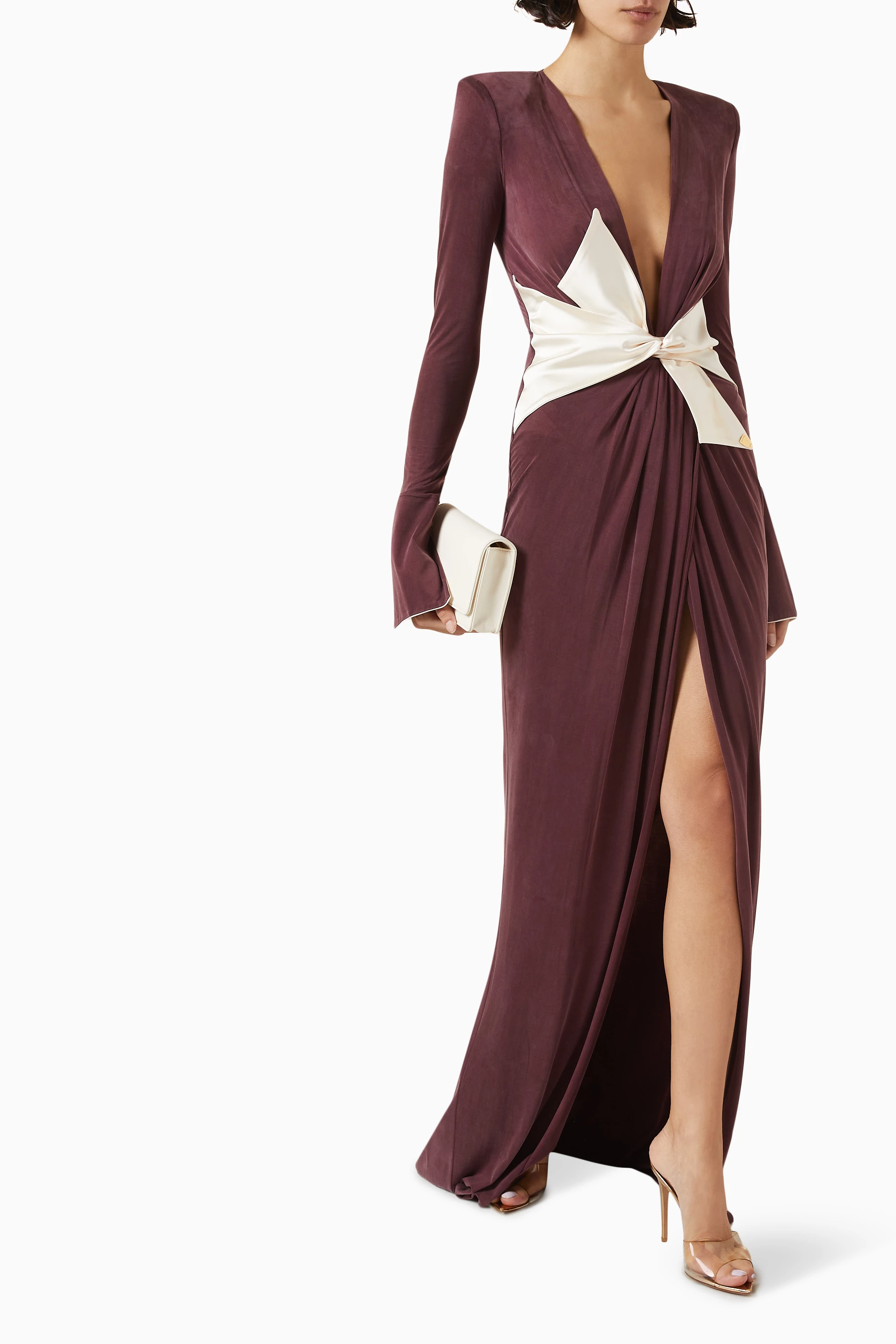 ElisabettaFranchi◆Maxi Dress inDraped Jersey サッシュベルト Buy Elisabetta Franchi Burgundy Sash Belt Maxi Dress in