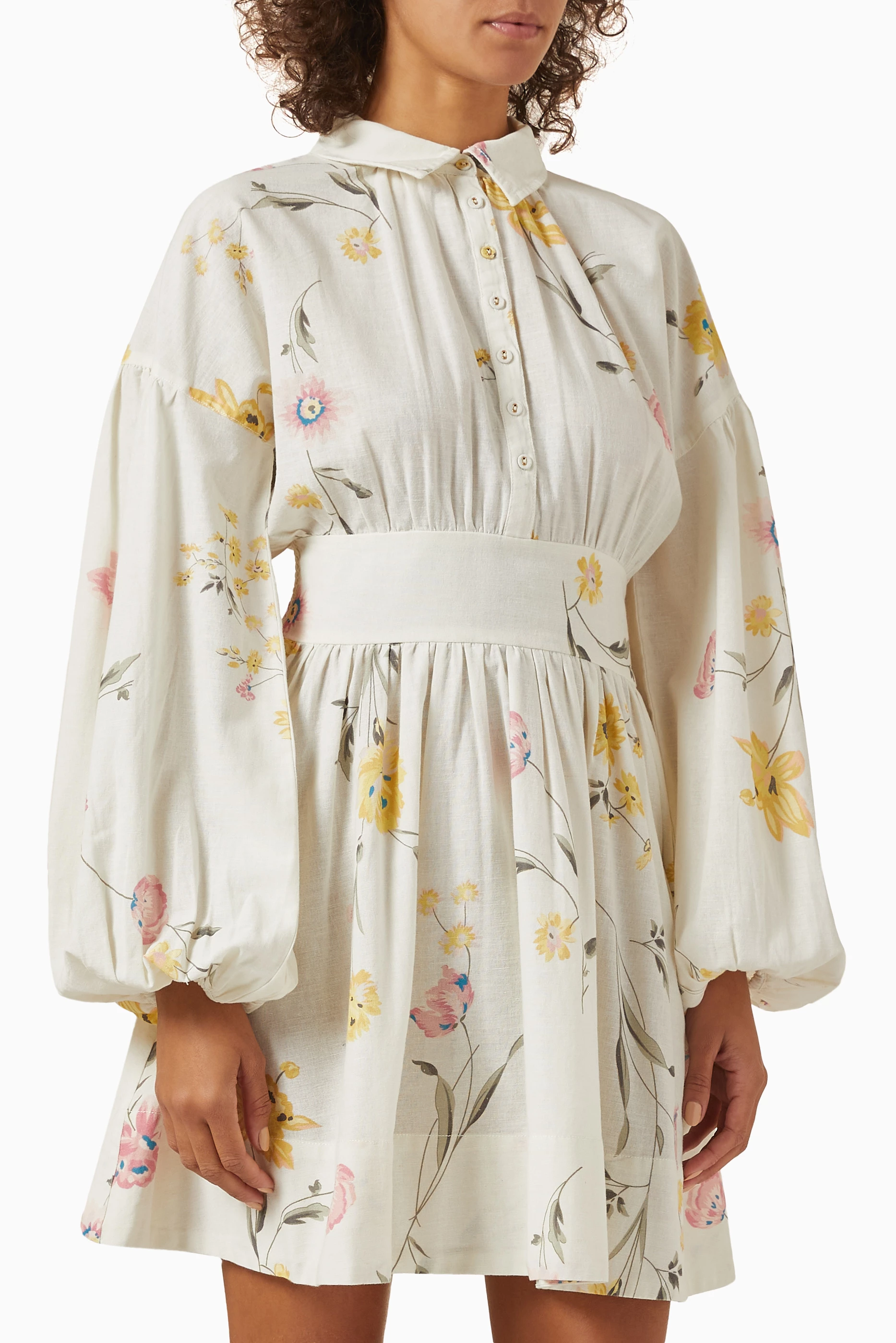 Buy byTiMo Neutral Floral print Mini Shirt Dress in Cotton linen Blend for Women Online Ounass Kuwait