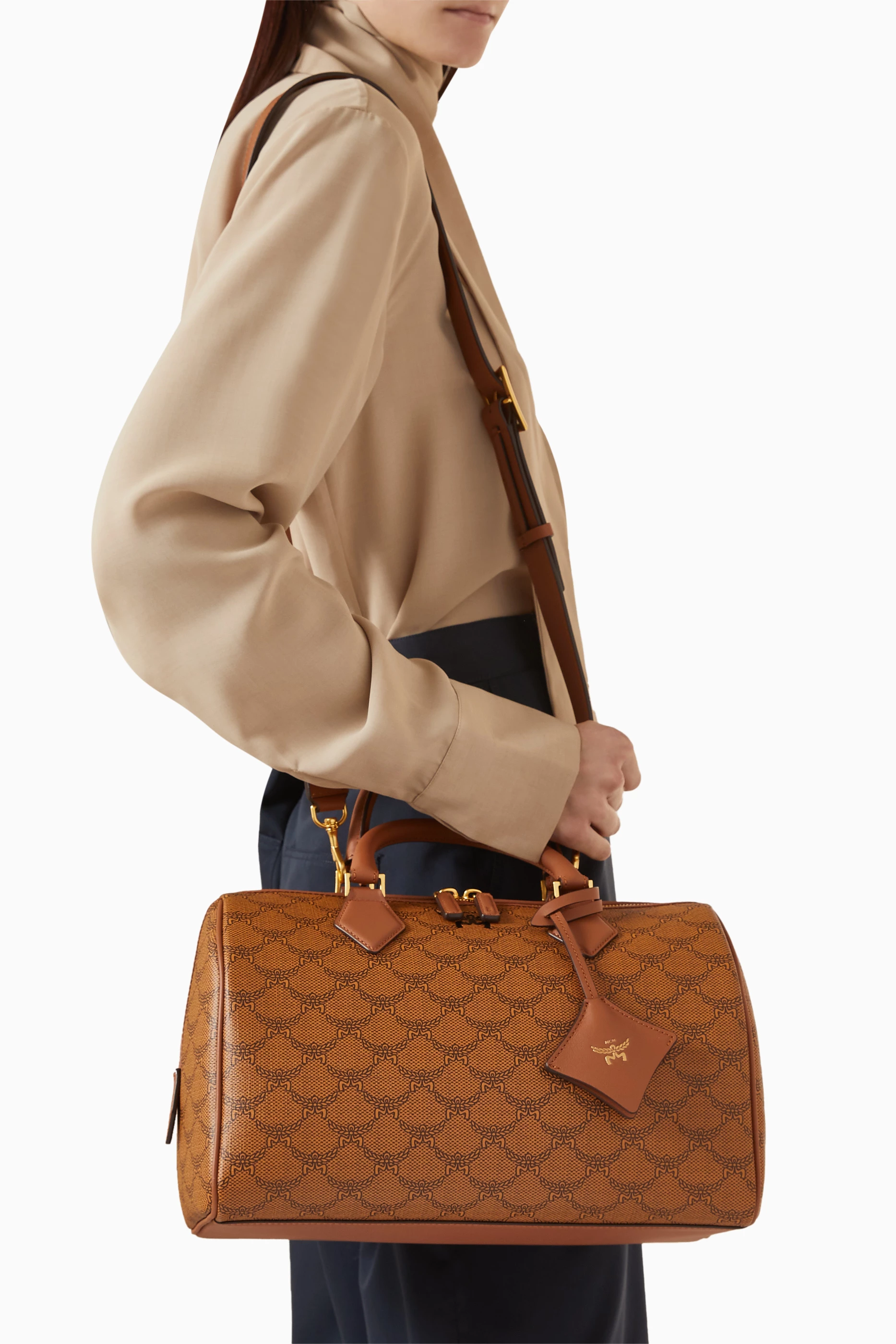 Buy MCM Brown Medium Ella Boston Bag in Lauretos Monogram Canvas - Main Image