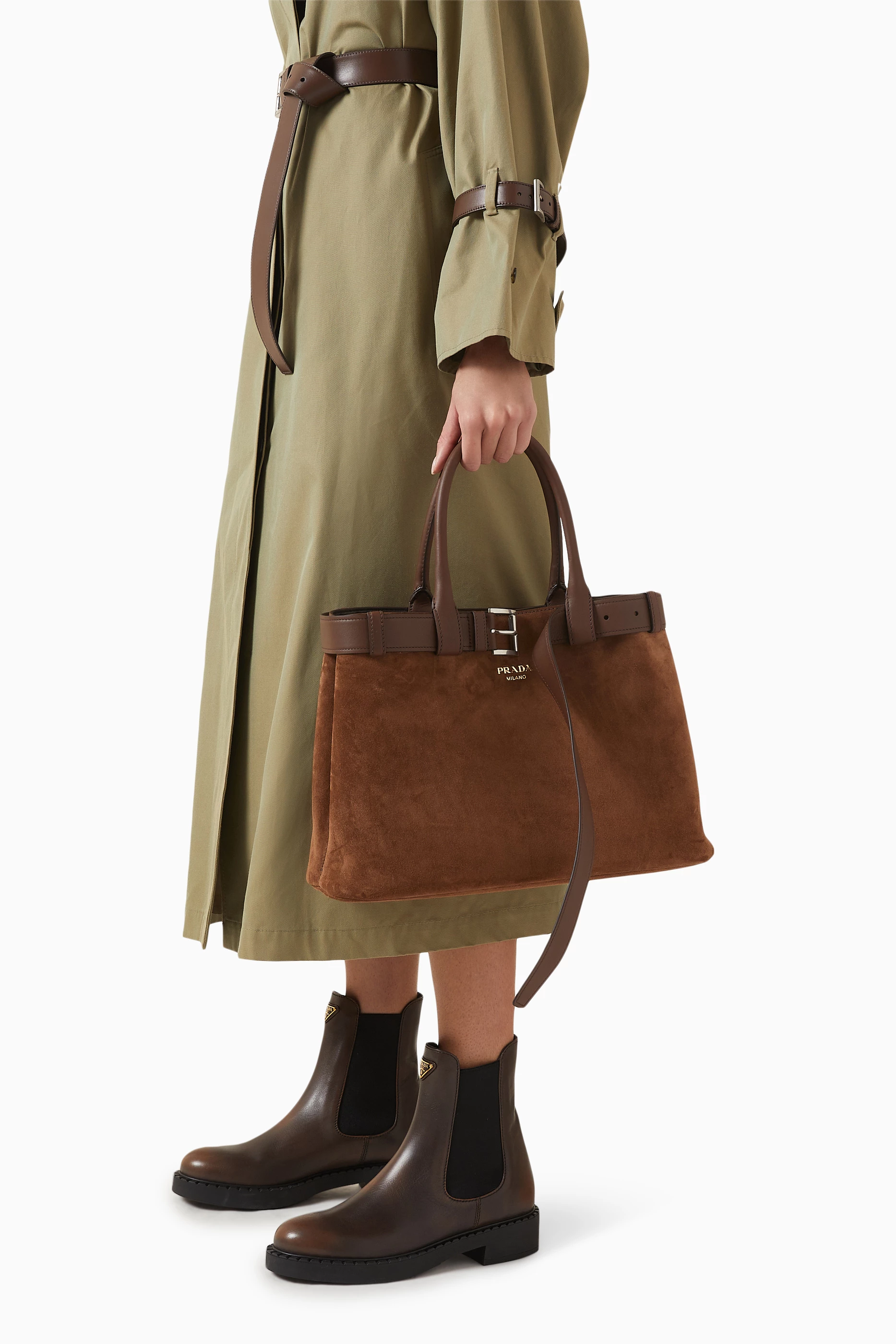 Buy Prada Brown Large Buckle Tote Bag in Suede for Women