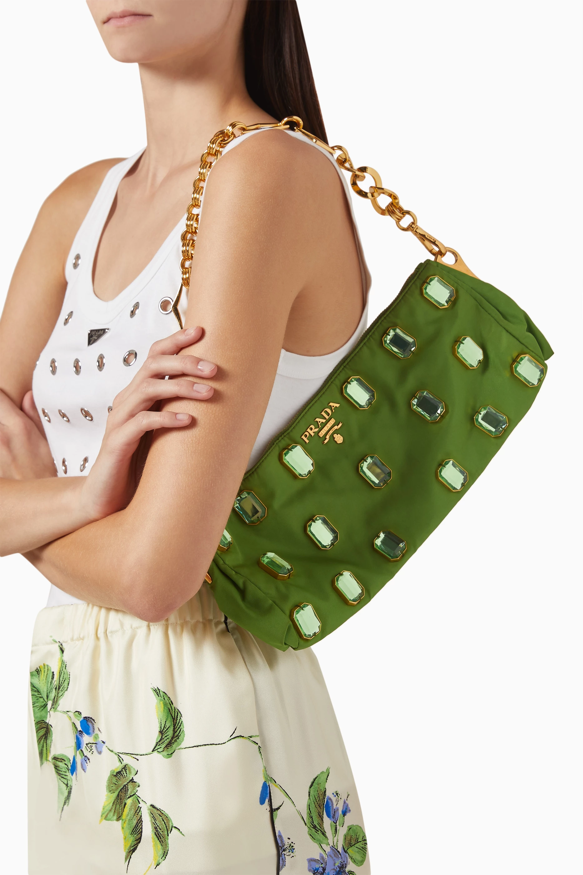 Buy Prada Pre-Loved Green Jewel Clutch Bag in Satin for Women