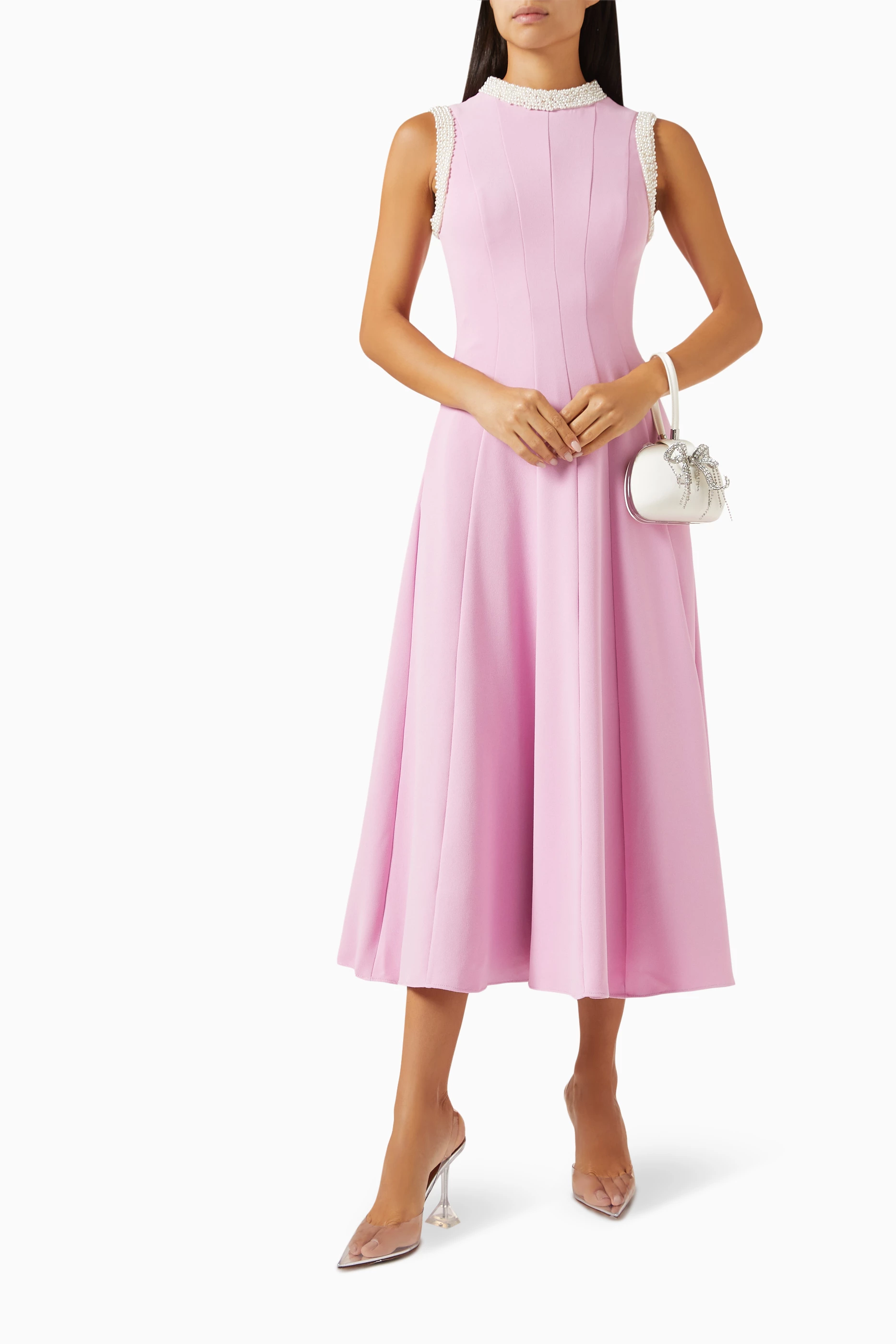 ワンピース SELF PORTRAIT FW25 LONG CREPE DRESS (PF25 066X P PINK) Pink Crepe Crystal Trim Maxi Dress – self-portrait-US