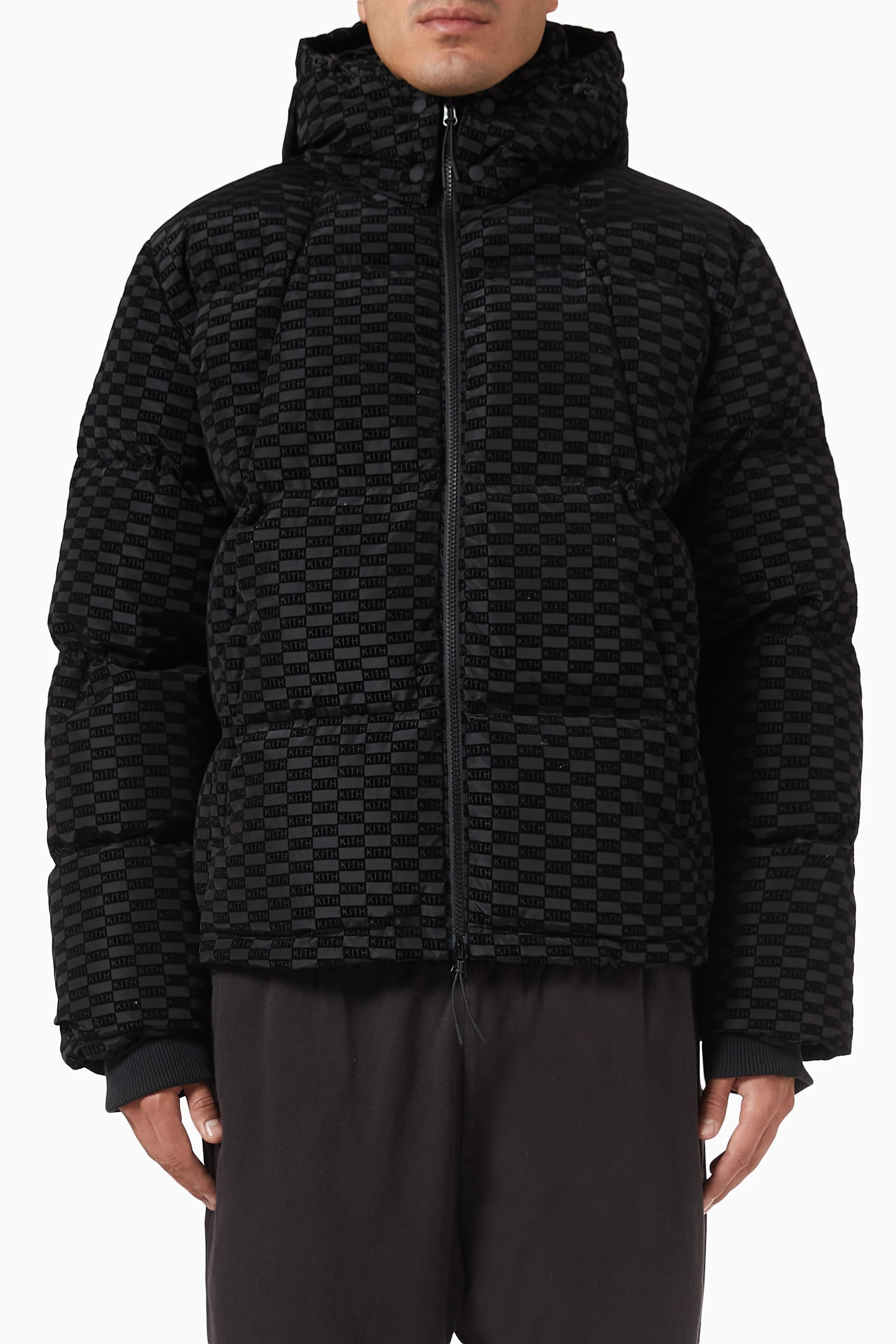 Buy Kith Black Monogram Midi Puffer Jacket in Nylon for Men