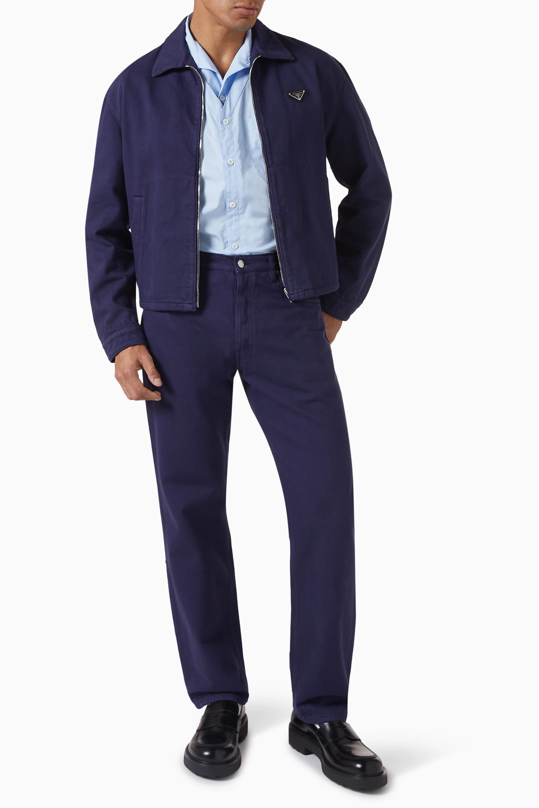 Buy Prada Blue Triangle Logo Old Zipper Jacket in Denim for Men