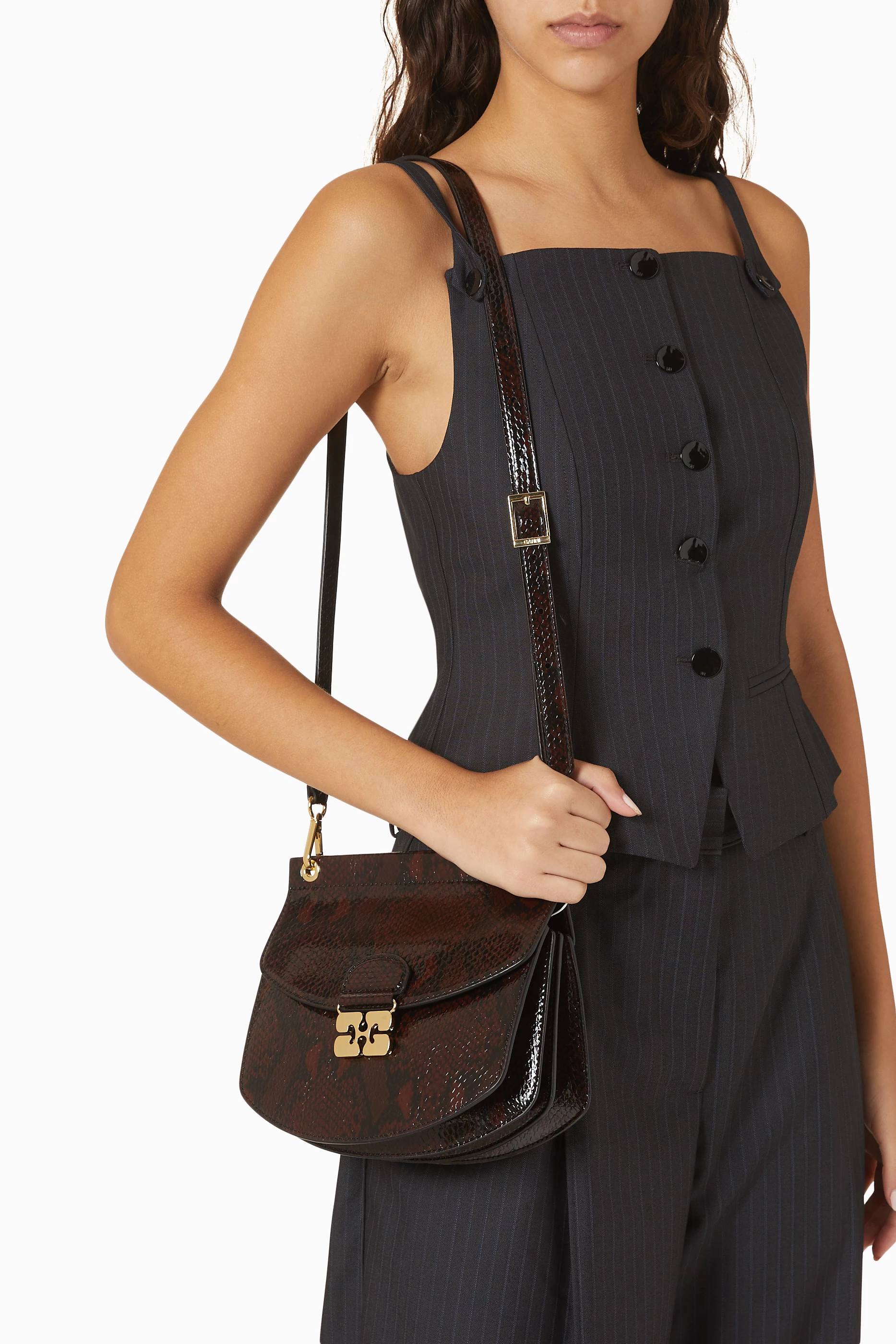 Buy Ganni Burgundy Small Apo-G Bag in Snake-embossed