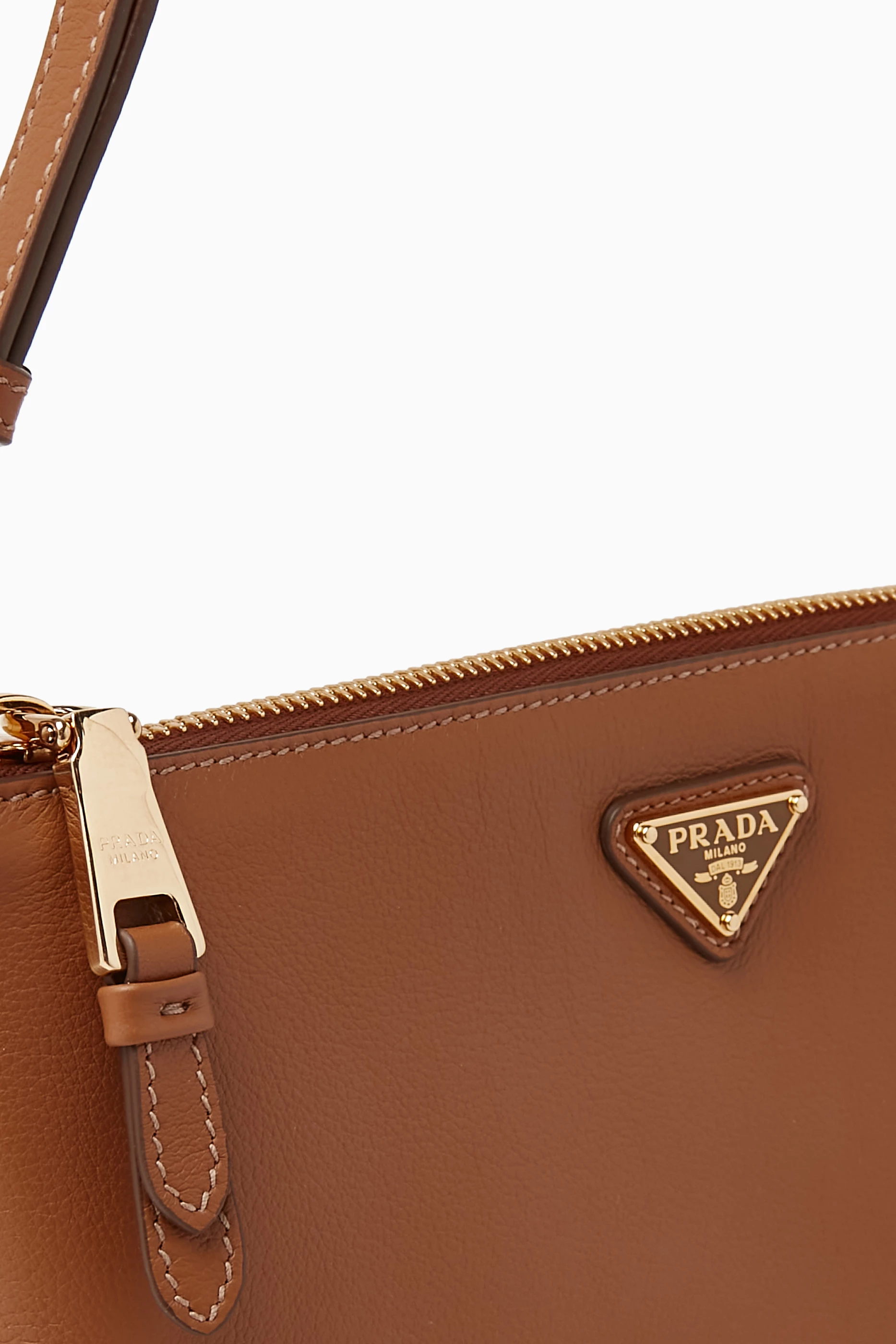 Buy Prada Brown Small Logo Shoulder Bag in Grained Leather for