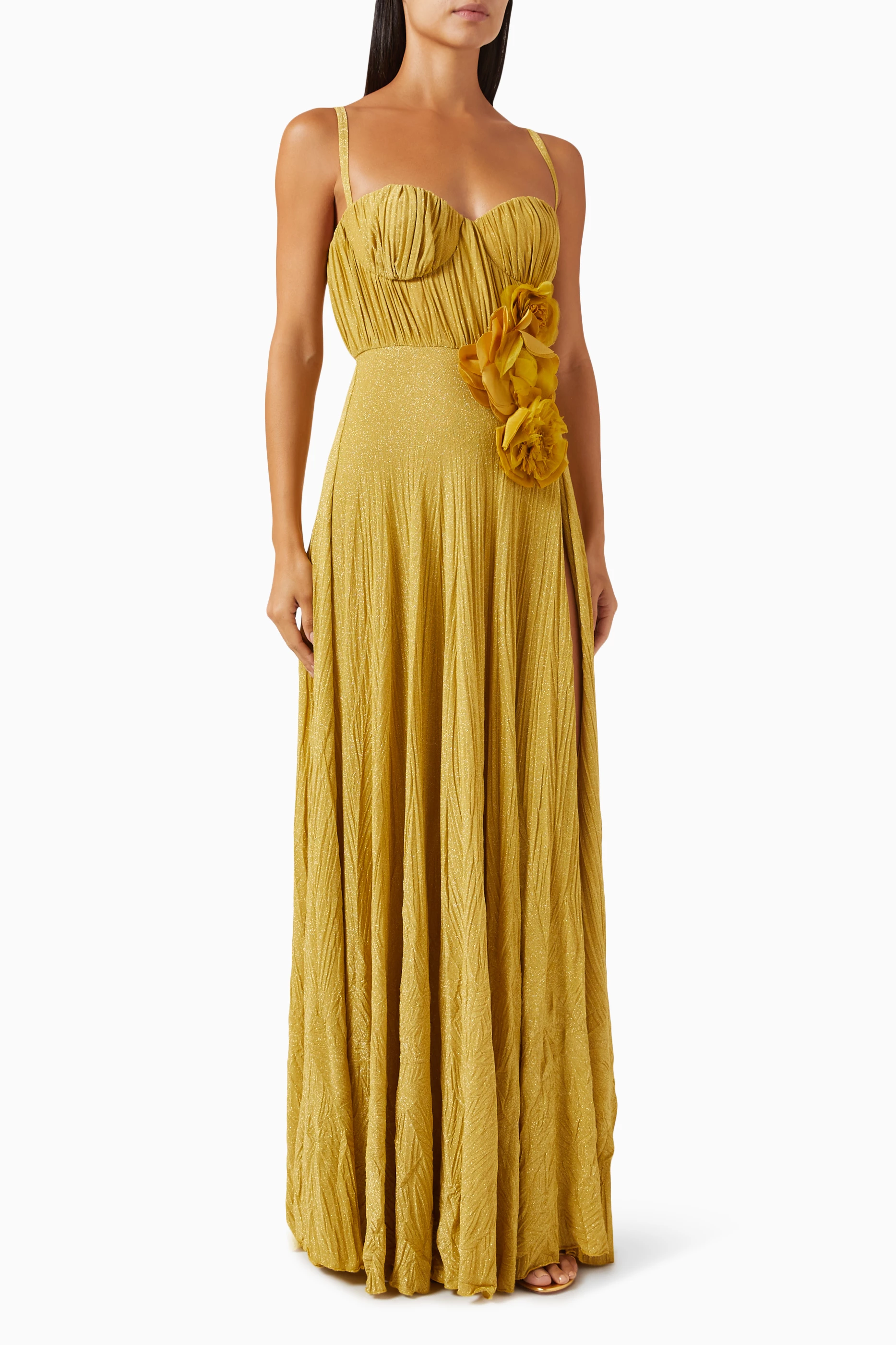 Buy Elisabetta Franchi Yellow Flower Applique Gown in Lurex