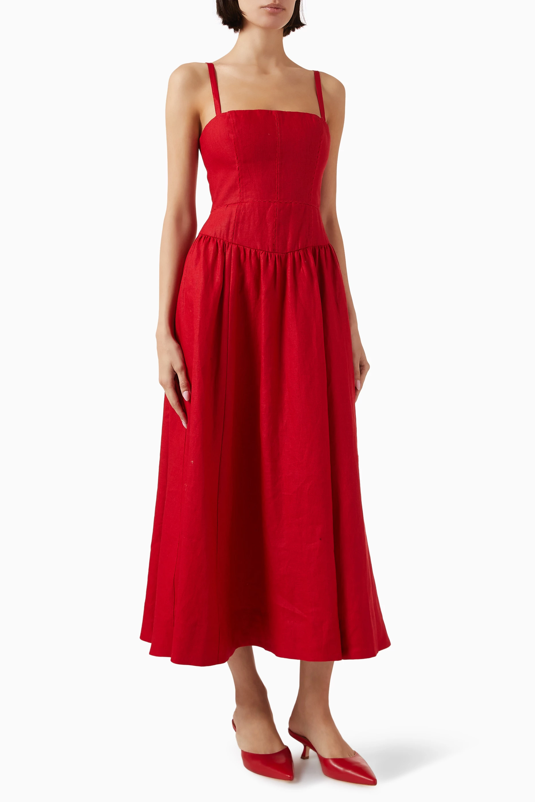 strapless open back dress Reformation Red Aubree Linen Dress UK S