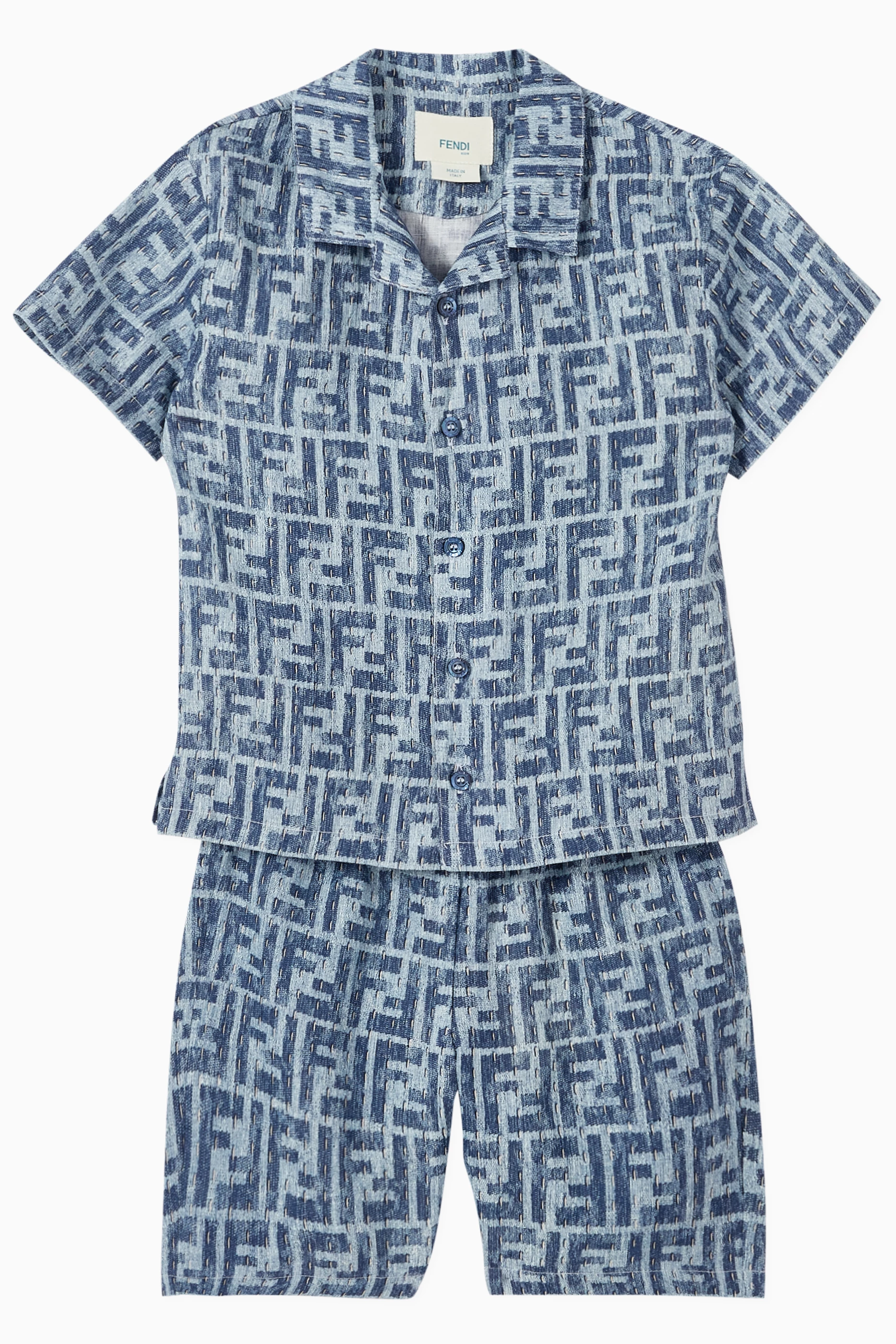 Buy Fendi Blue FF-print Short-sleeve Shirt in Linen for Baby