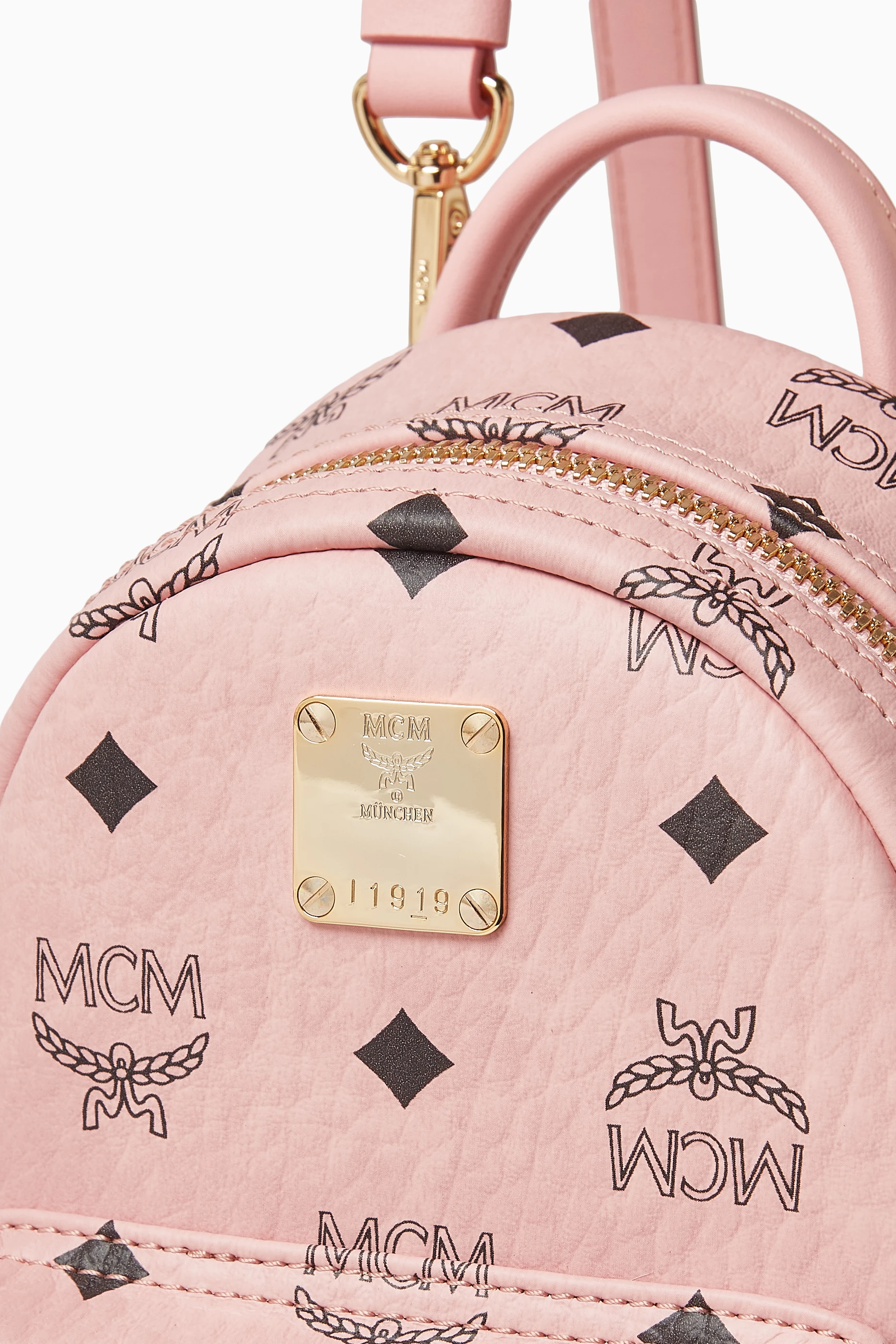 Pink Mcm Mini Rucksack MCM Pink Visetos Coated Canvas Small Studs