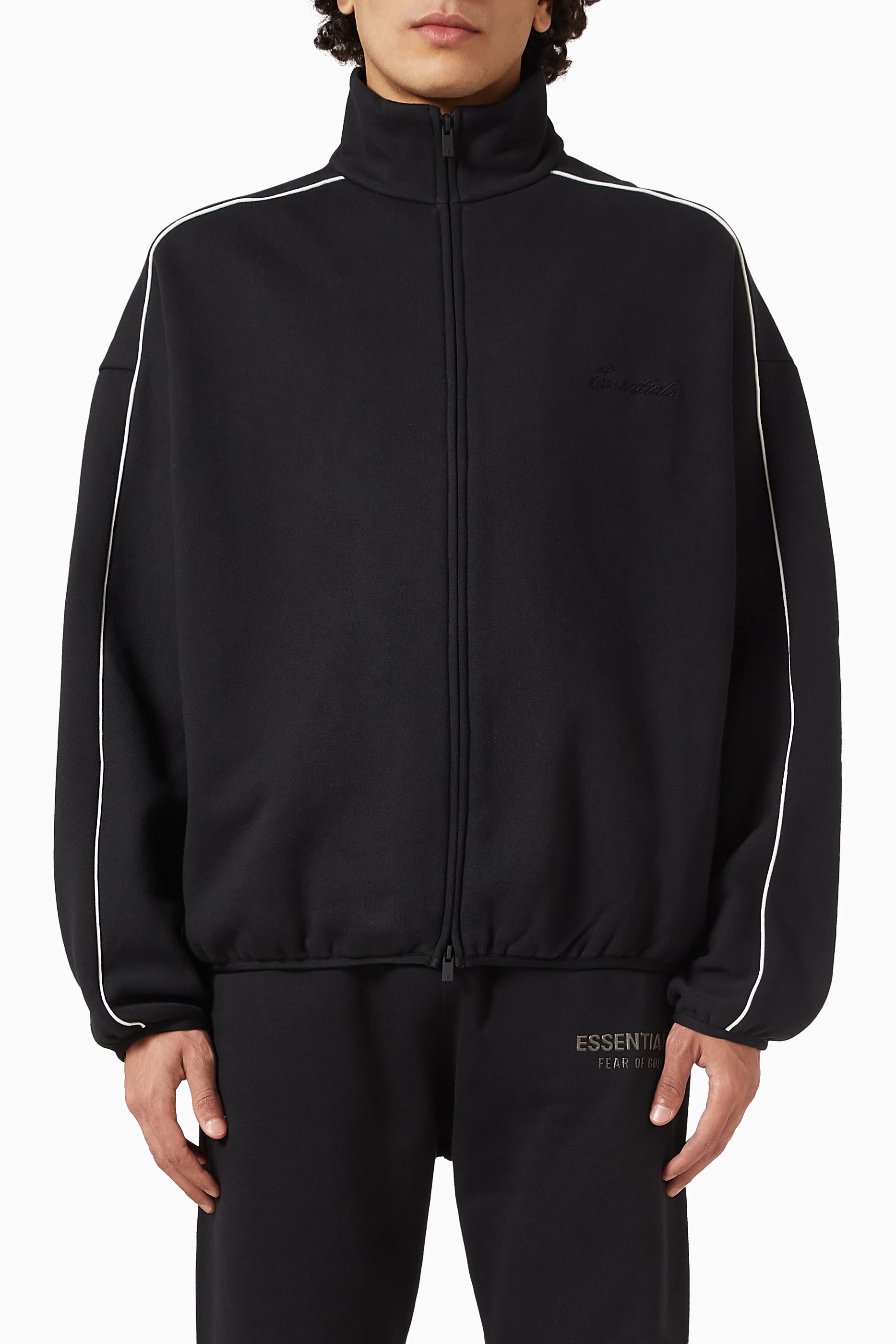 Buy Fear of God Essentials Black Modern Fit Track Jacket in Fleece