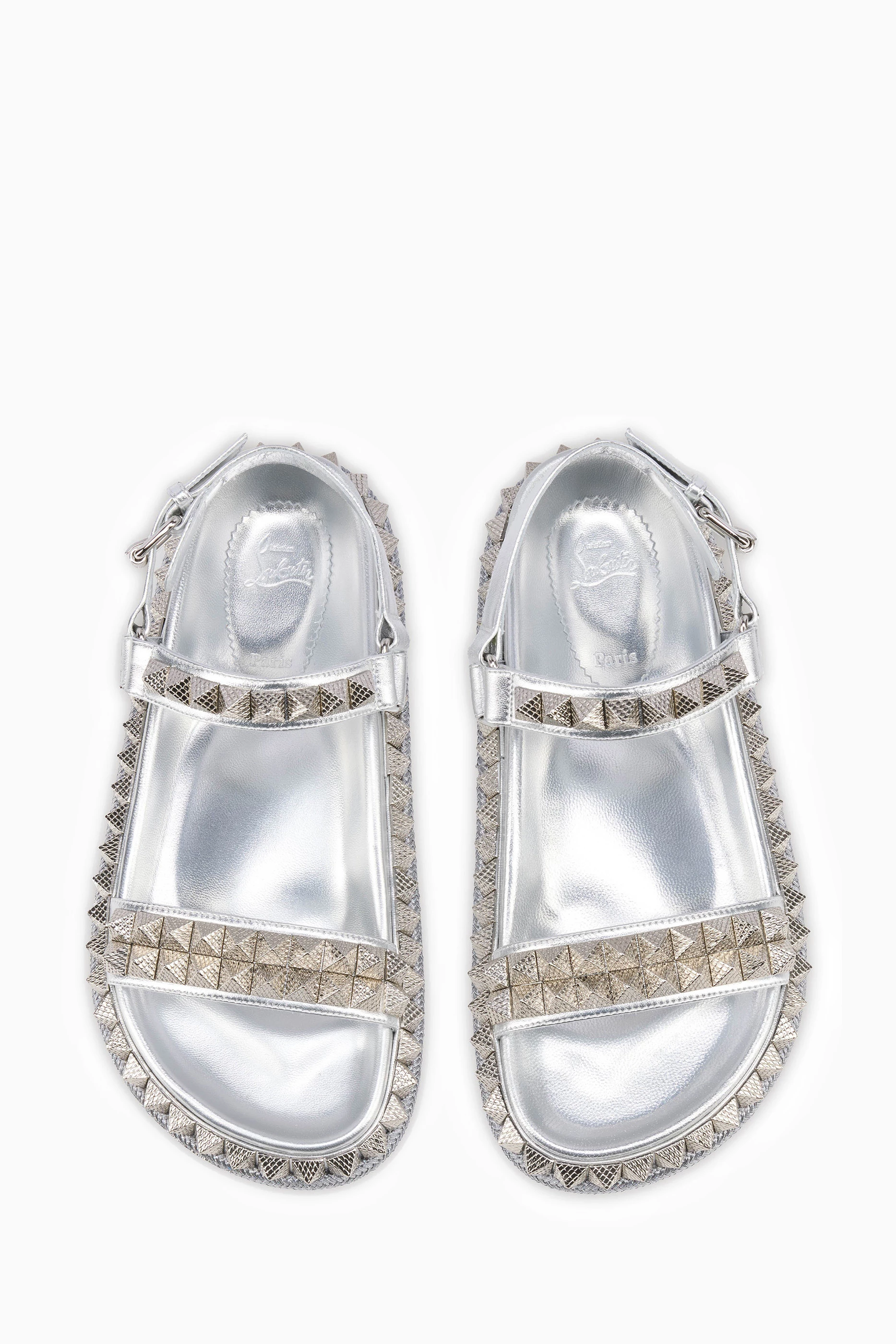 Buy Christian Louboutin Silver Pyrabizz Sandals in Laminated
