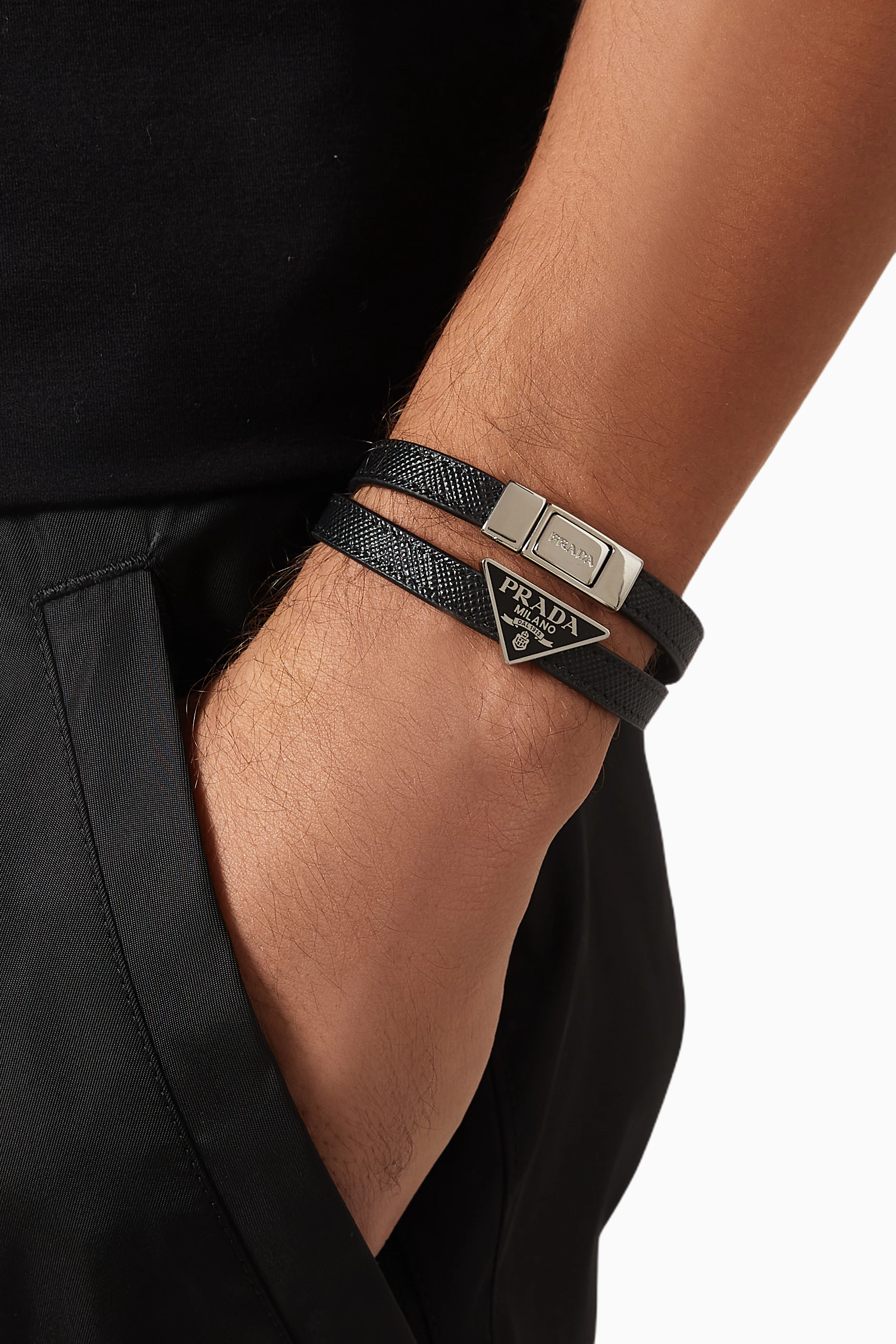 アクセサリー prada leather studs double bracelet Buy Prada Black Double Logo Bracelet in Leather for Men Online