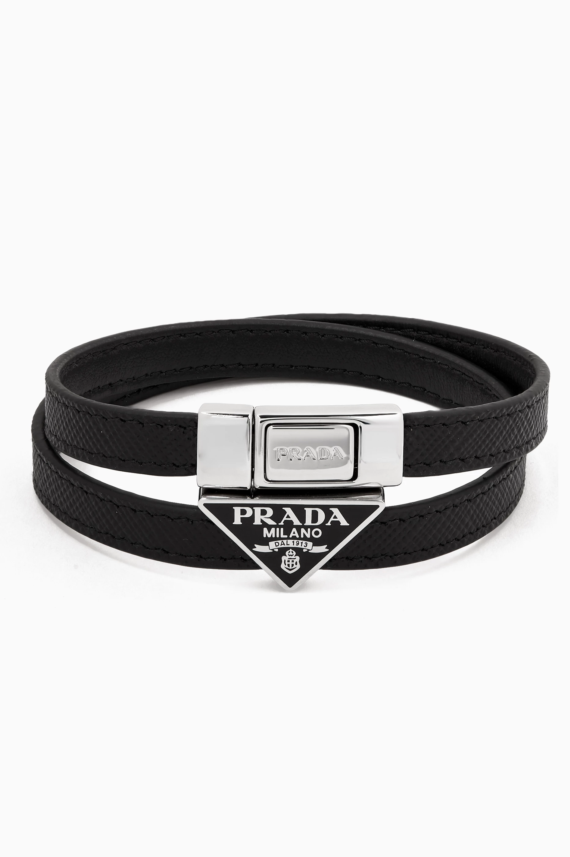 Buy Prada Black Double Logo Bracelet in Leather for Men Online