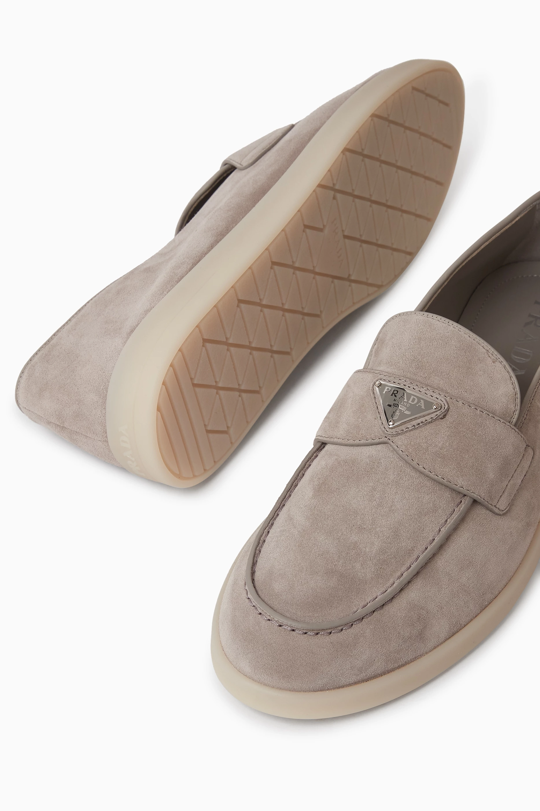 Prada Men’s Suede Loafers in Taupe Gray Prada Suede Loafers - Grey | Editorialist main image 4