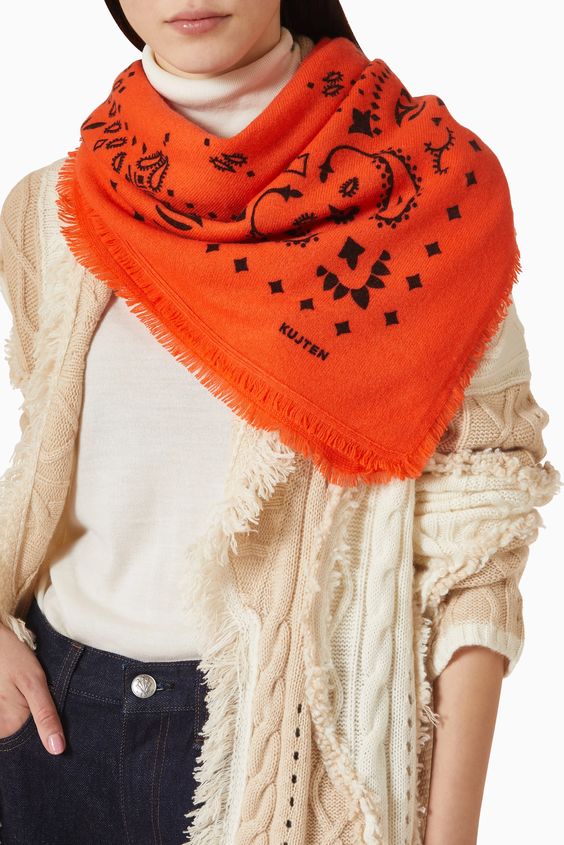Buy Kujten Orange Large Hachiko Bandana in Cashmere for Women