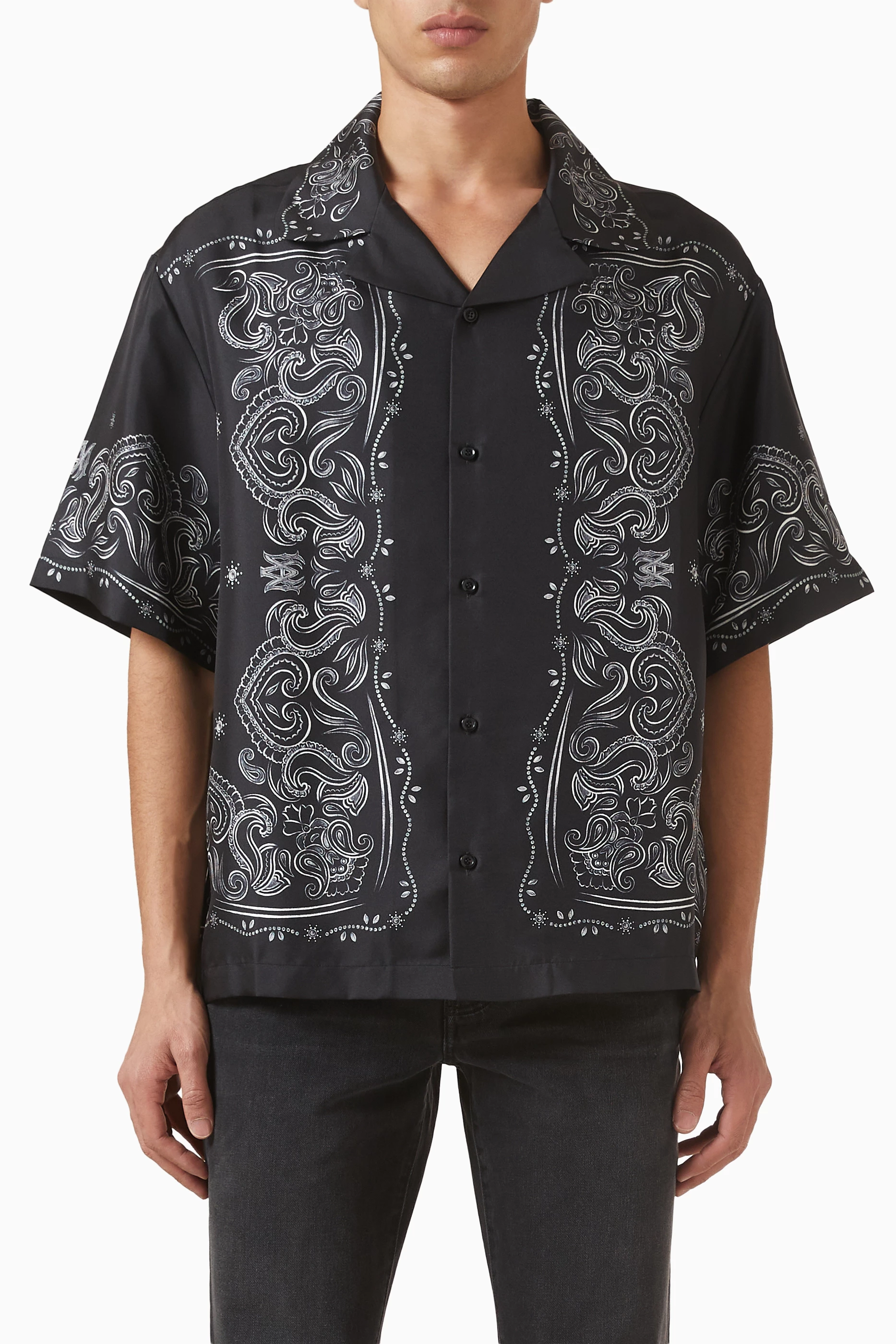 Buy Amiri Black Bandana Paint Oversized Bowling Shirt in Silk for