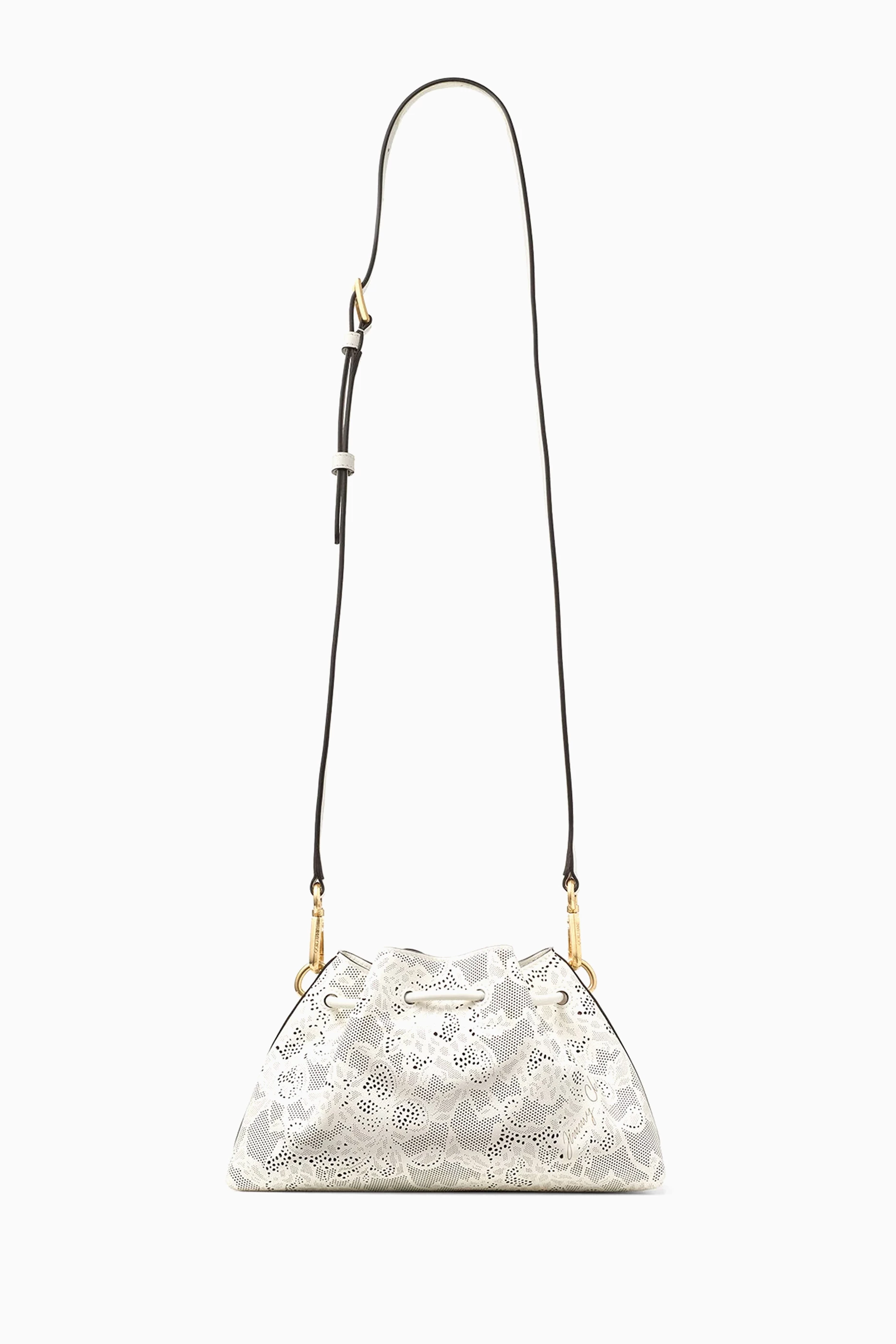 Buy Jimmy Choo White Small Cinch Shoulder Bag in Perforated Lace