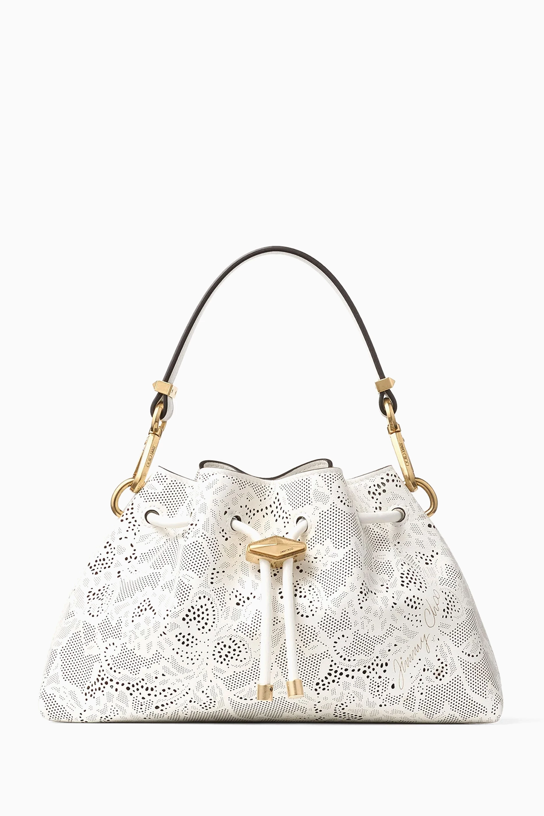 Buy Jimmy Choo White Small Cinch Shoulder Bag in Perforated Lace