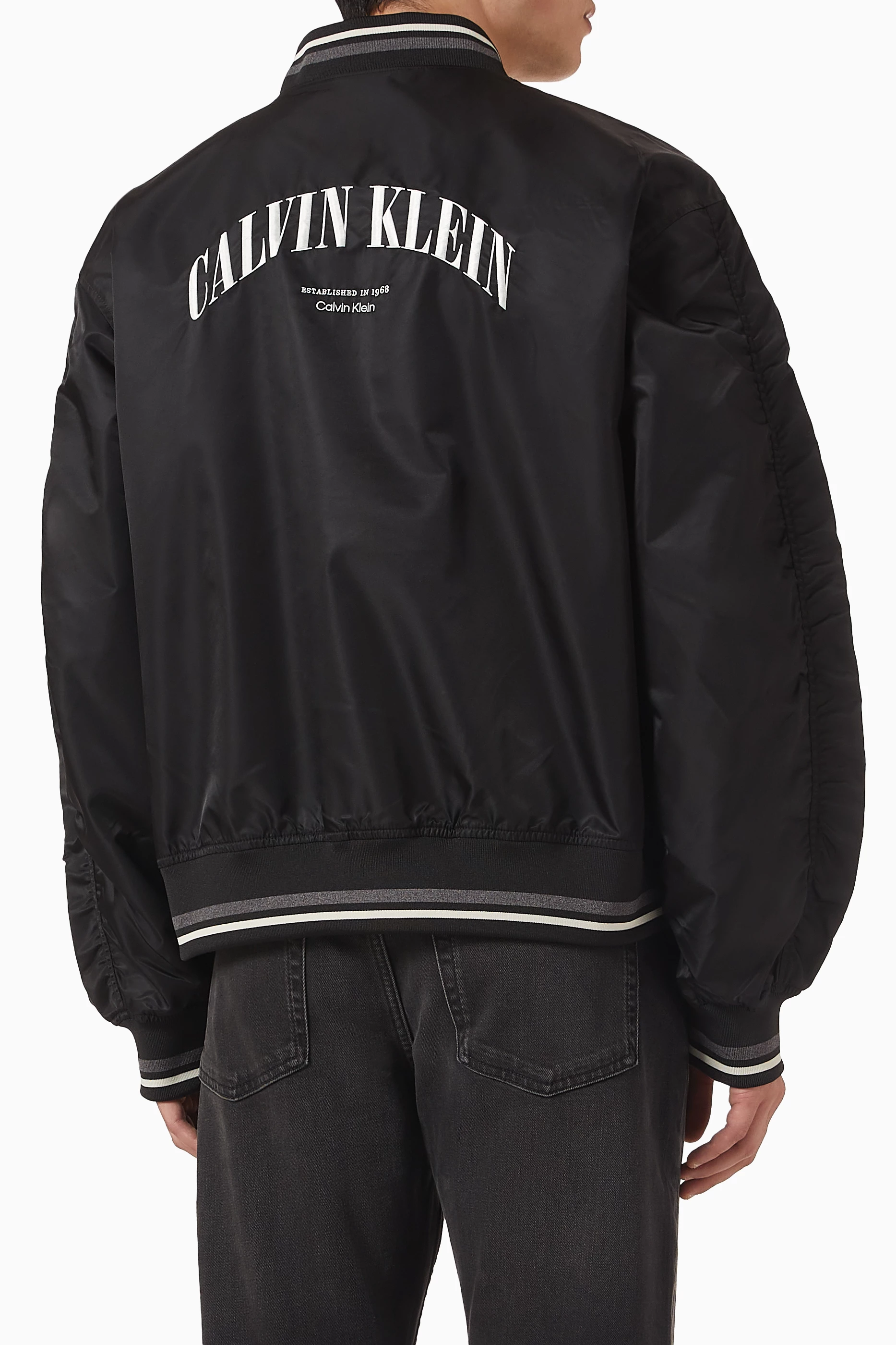 Buy Calvin Klein Jeans Black Tipped Graphic Bomber Jacket in Nylon